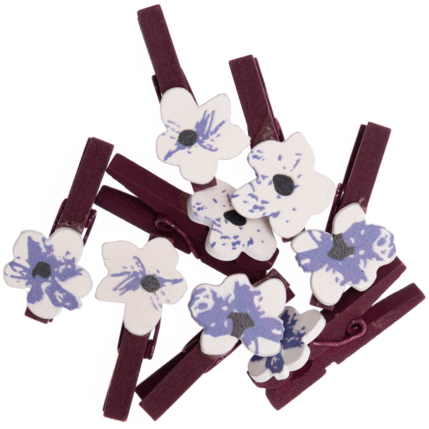 Dekoklammern Blüte mauve-blau 8 Stück: Mehrfarbige Klammern mit floralen Motiven, ideal für kreative Dekorationen.