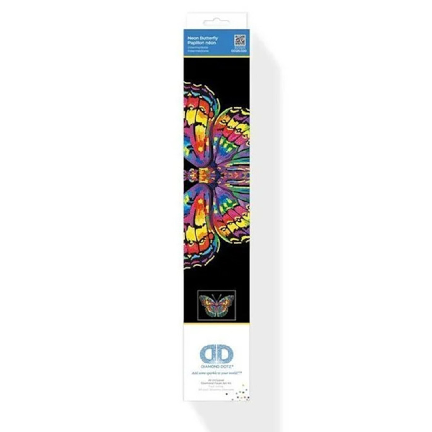 Diamond Painting Neon Schmetterling 45x5cm von Carletto Deutschland Diamond Painting Neon Schmetterling: Buntes Kunstwerk auf schwarzem Hintergrund, verpackt in schmaler Box. Ideal für kreative Projekte.