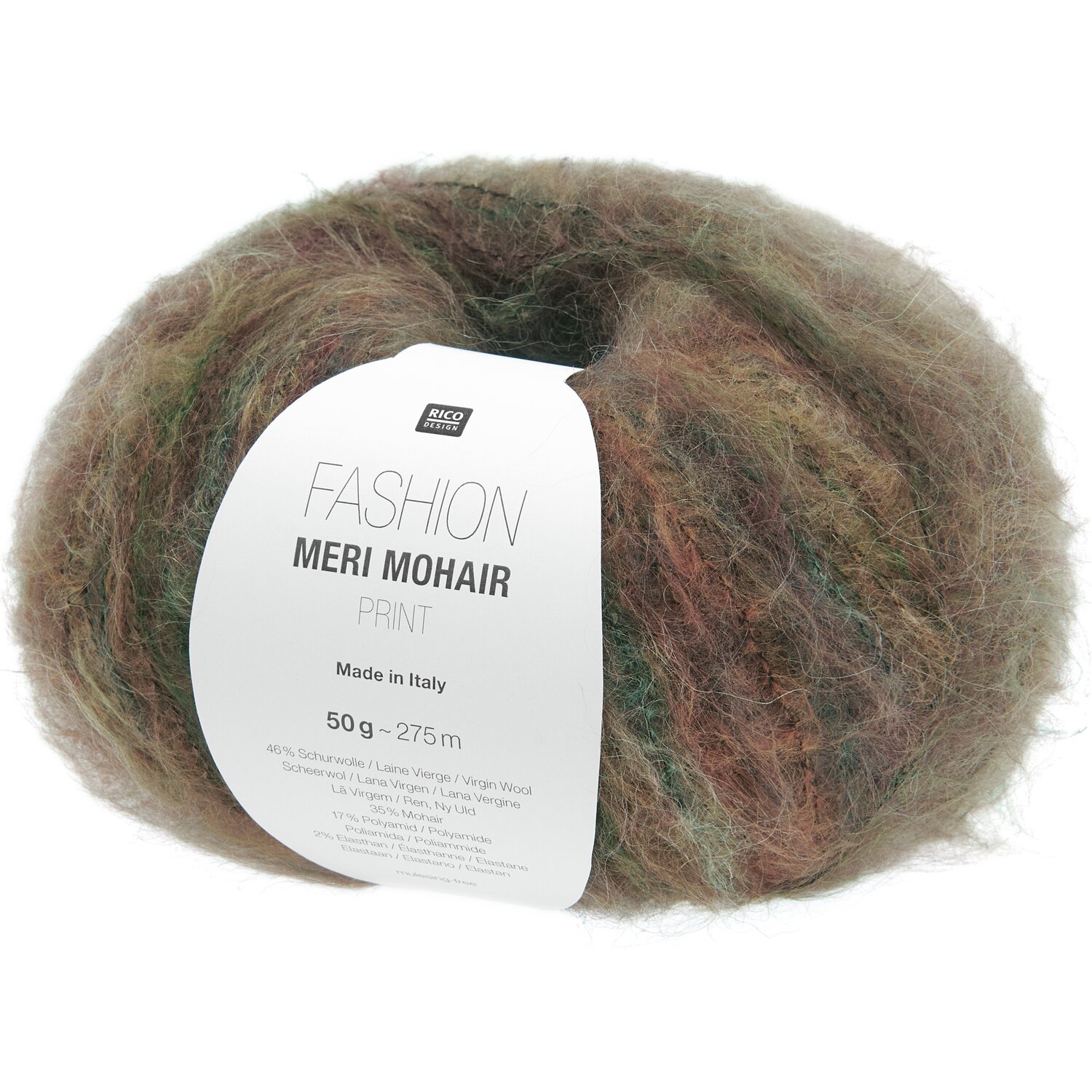 Strickset Pullover Modell 18 aus Die Neue Masche No. 13 von idee. Creativmarkt Fashion Meri Mohair Print, 50g Wolle in Forest Darks von Rico Design, ideal für Strickprojekte.