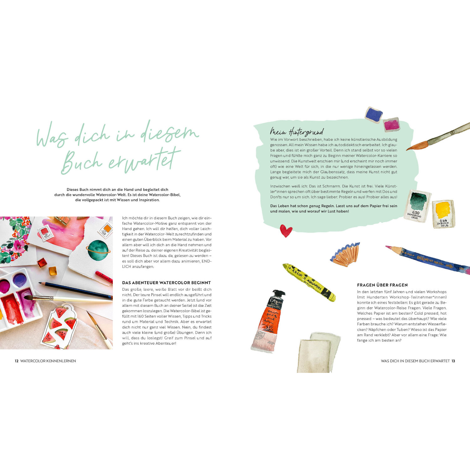 Watercolor-Bibel: Doppelseite mit Aquarellfarben, Pinsel und Texten. Kreative Anleitungen und Tipps für Einsteiger und Fortgeschrittene.