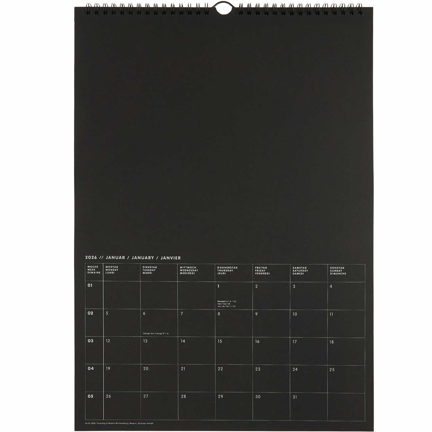 Bastelkalender 2026, DIN A3, von Rico Design. Schwarzer Kalender mit Monatsübersicht.