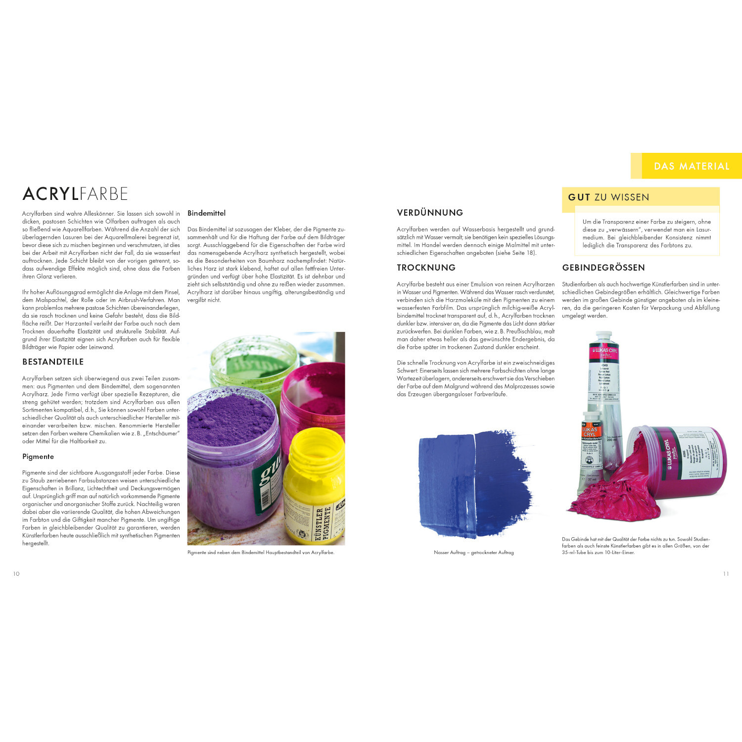 Das Acryl-Praxisbuch: Doppelseite mit lila und grüner Acrylfarbe, Text über Verdünnung und Trocknung.