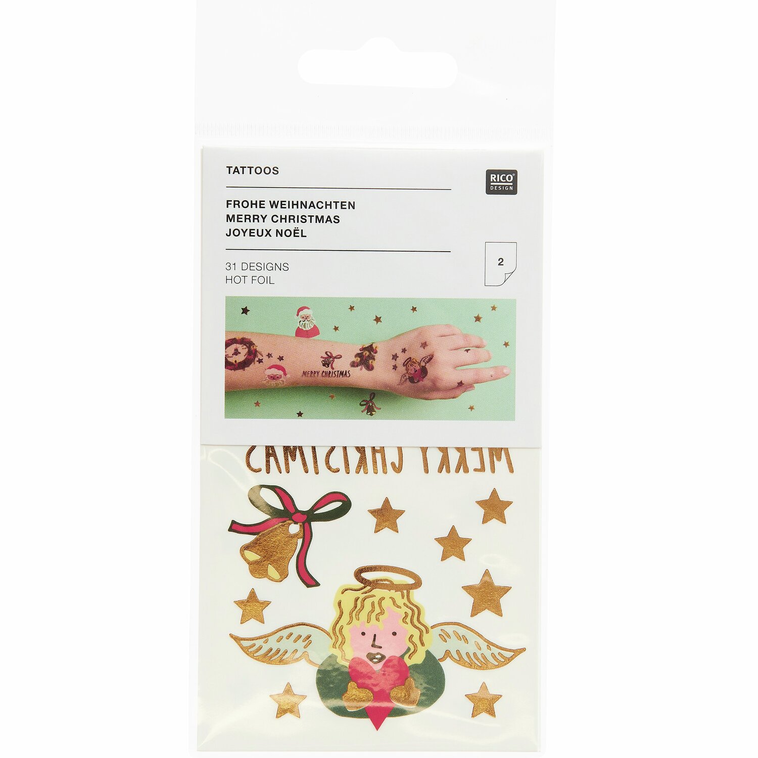 Tattoos Weihnachten: Temporäre Tattoos mit festlichen Motiven und Engelsdesign von Rico Design.