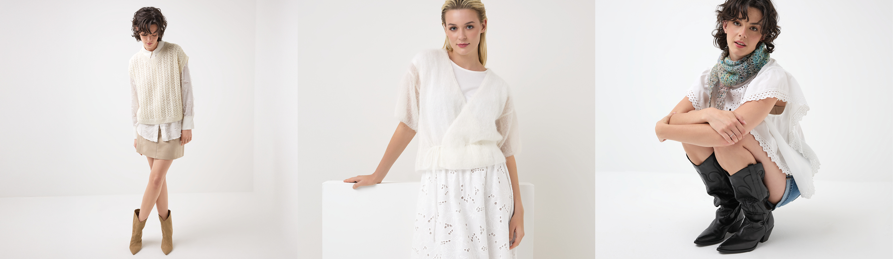 Drei Bilder nebeneinander. Eine Frau mit einem weißen gestrickten Pullunder, eine Frau mit einer weißen gestrickten Wickeljacke und eine Frau mit gestricktem Halstuch.