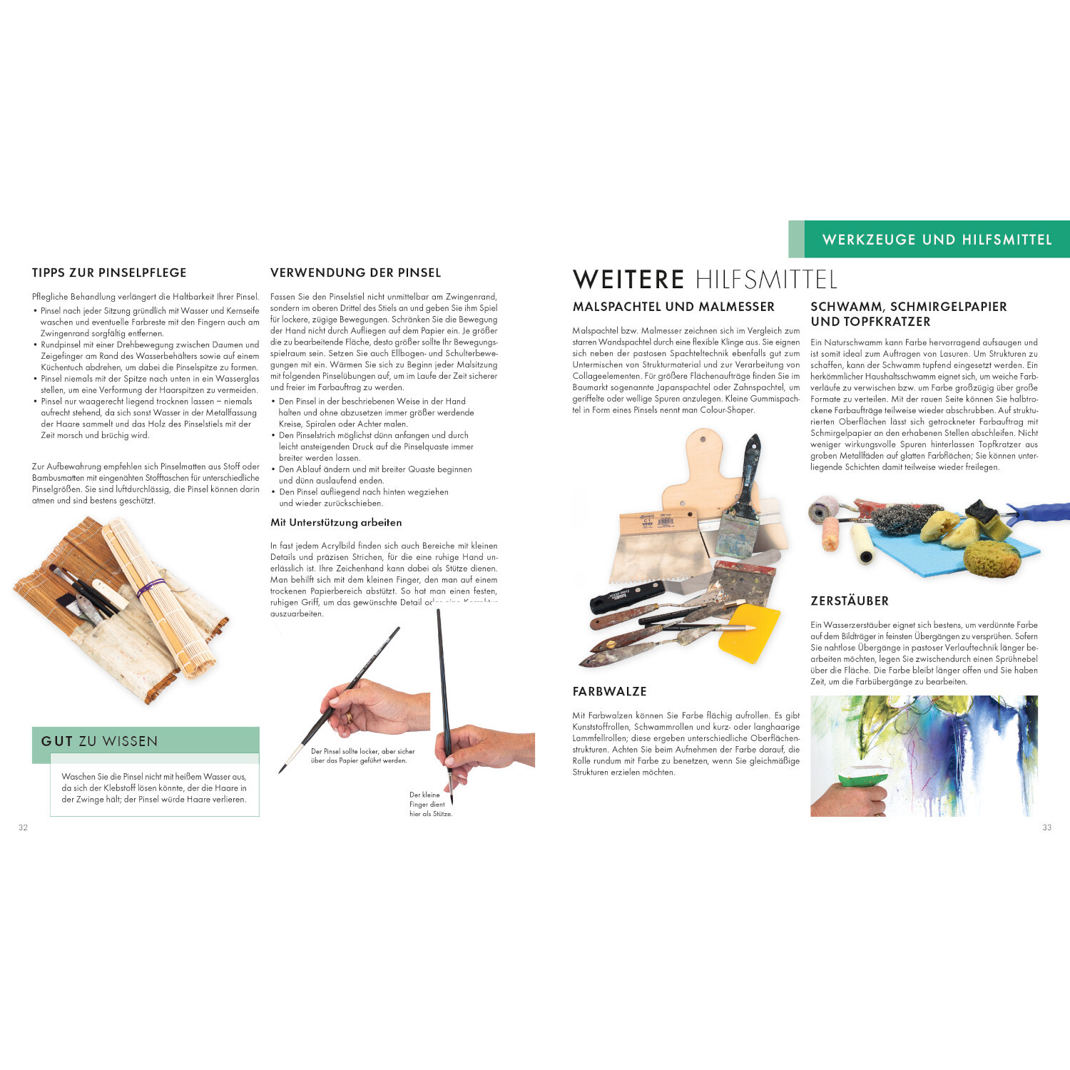 Das Acryl-Praxisbuch: Doppelseite mit Tipps zur Pinselpflege und Verwendung, inklusive Werkzeugen und Hilfsmitteln für Maltechniken.