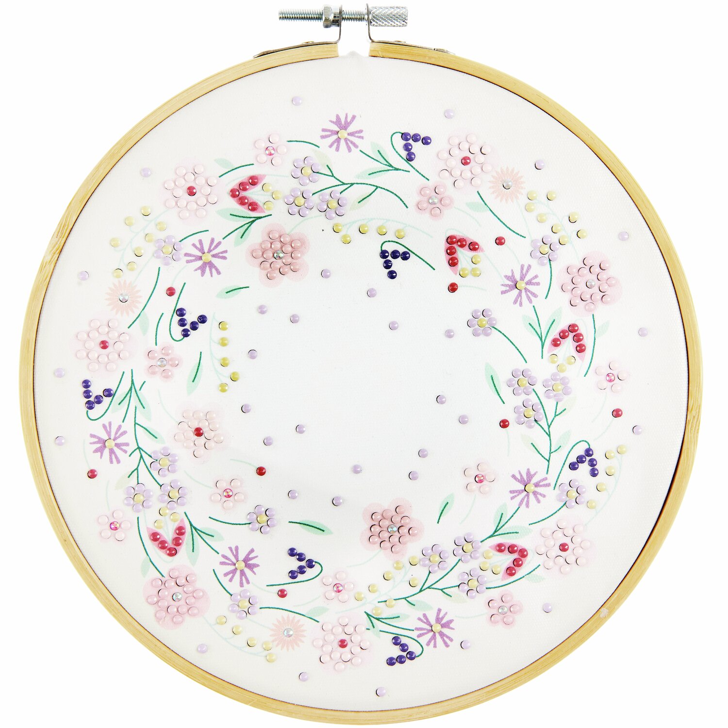 Diamond Painting DIY-Set Funkelnder Blumenkranz zeigt einen runden, bunten Blumenkranz auf weißem Hintergrund, Ø20cm.