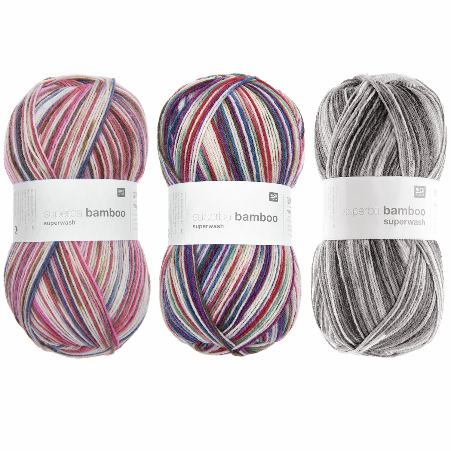 Wollpaket Socken Bamboo Earthy Colours: Drei bunte Knäuel von Rico Design, ideal für Strickprojekte.