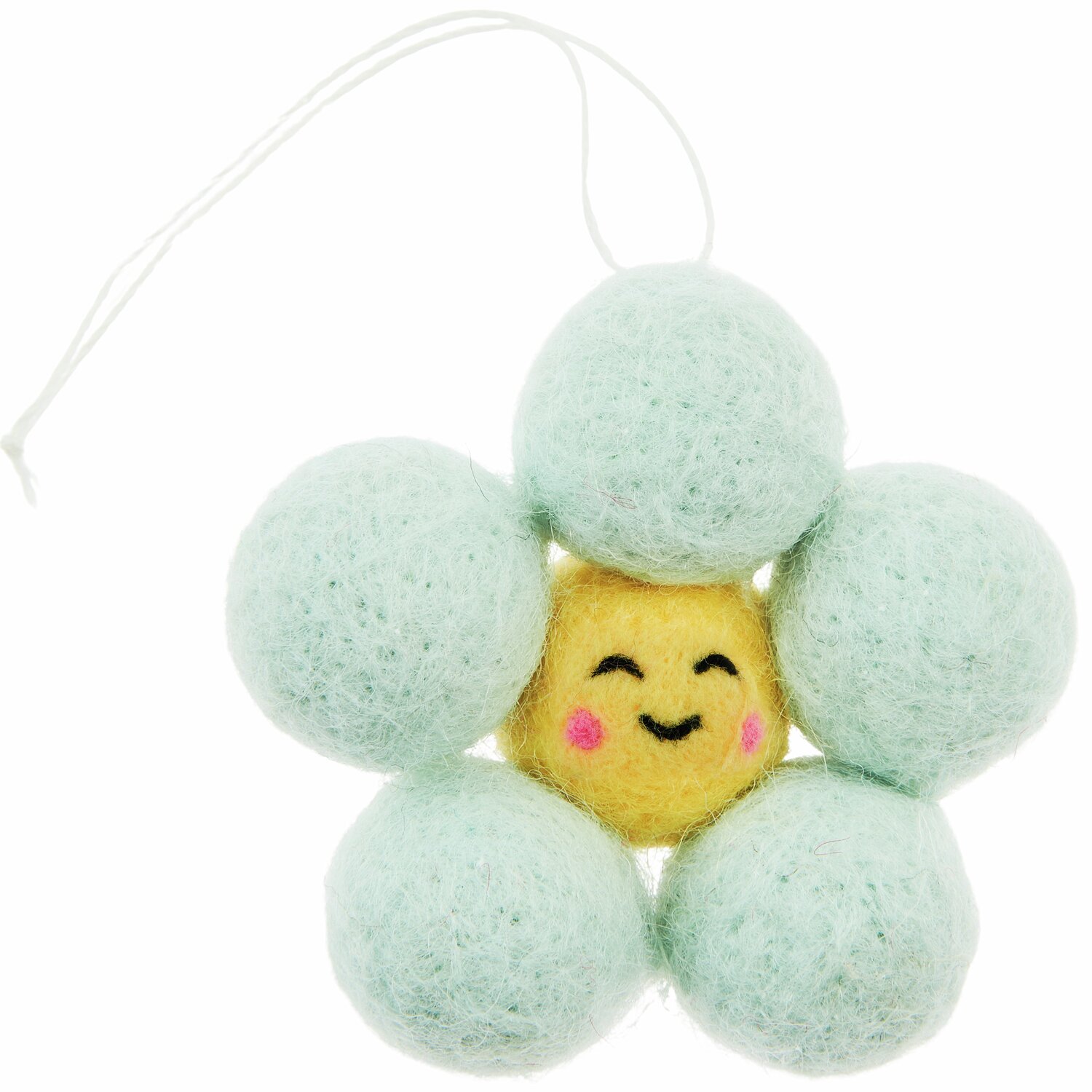 Aufhänger Filz-Blume 3D mit Gesicht Gelb-Blau von Rico Design, 5,5x5,8x2,5cm. Fröhliche Filzblume mit gelbem Gesicht und blauen Blütenblättern.