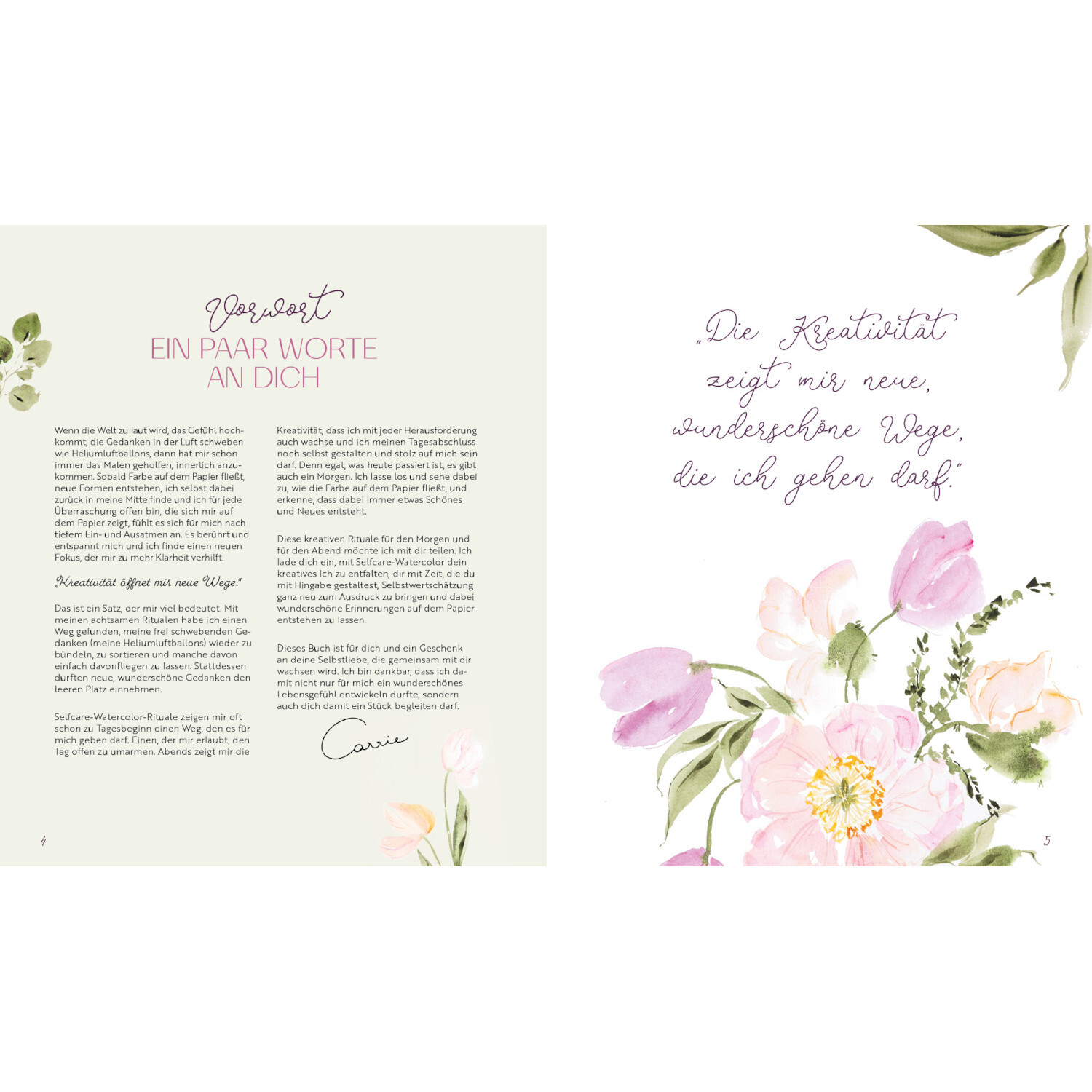 Selfcare Watercolor – Kreative Momente für mich: Zarte Aquarellblumen mit inspirierendem Zitat auf hellem Hintergrund.