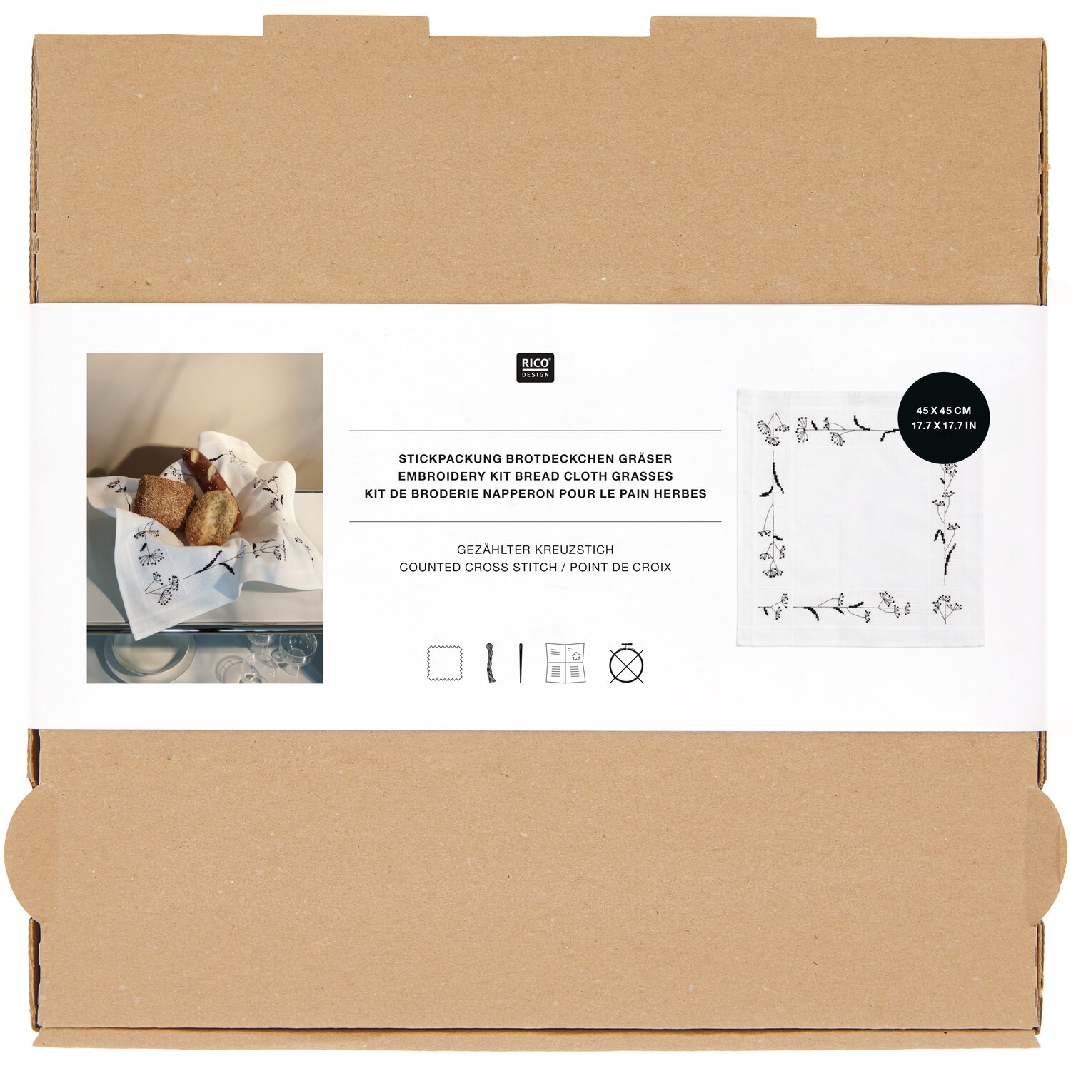 Stickpackung Gezählter Kreuzstich Brotdeckchen Gräser 45x45cm von Rico Design