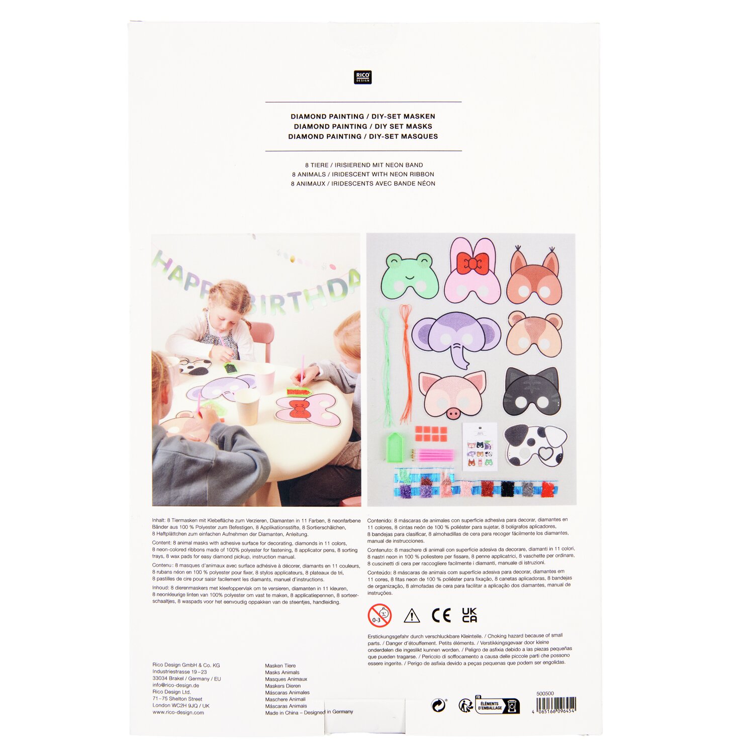 Diamond Painting Masken Tiere, 52-teilig. Bunte Tiermasken zum Basteln, ideal für Kindergeburtstage. Enthält Zubehör und Anleitungen.