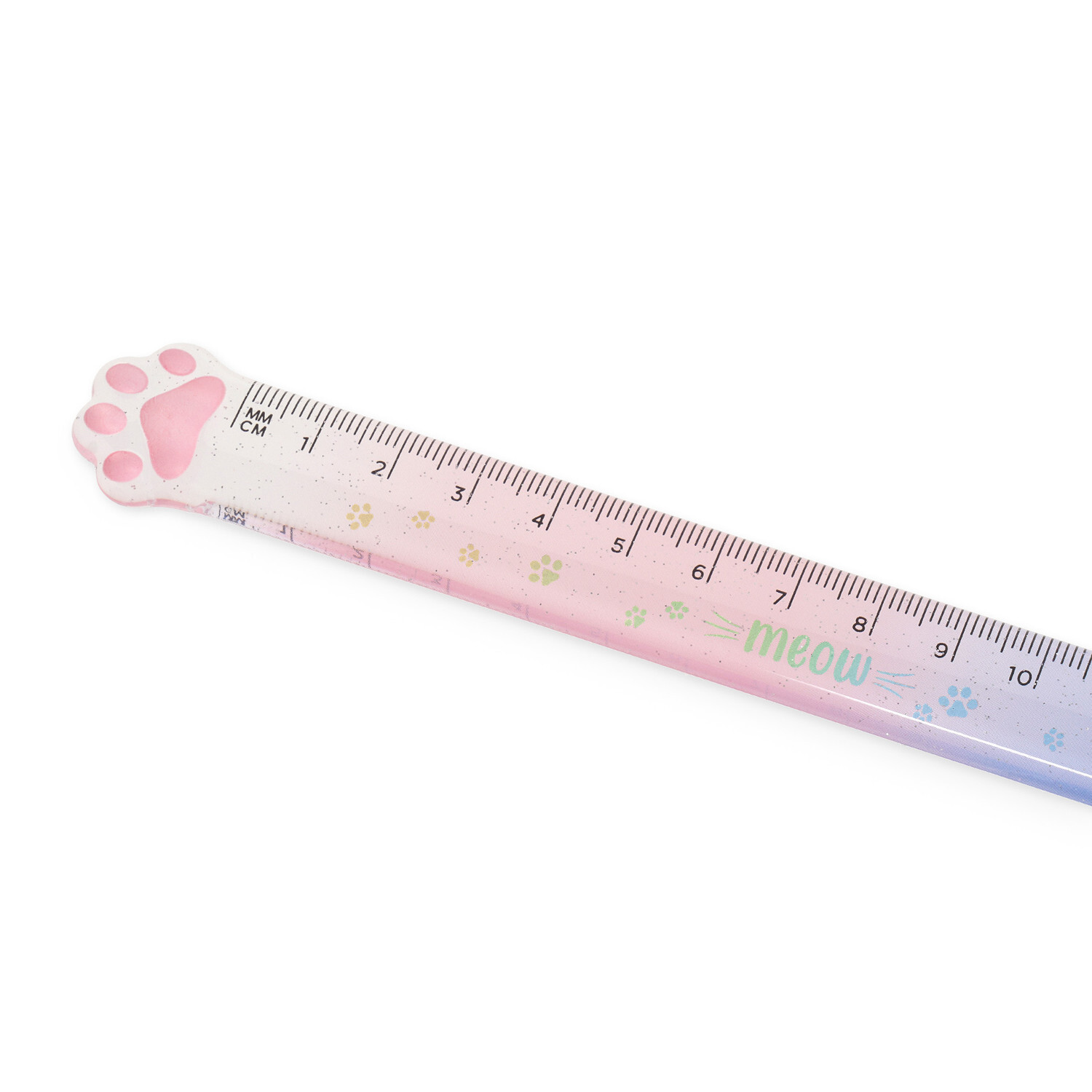 Lineal Meow, 15cm, mit Pfotenmotiv in Rosa und Blau, ideal für Schule und Büro.