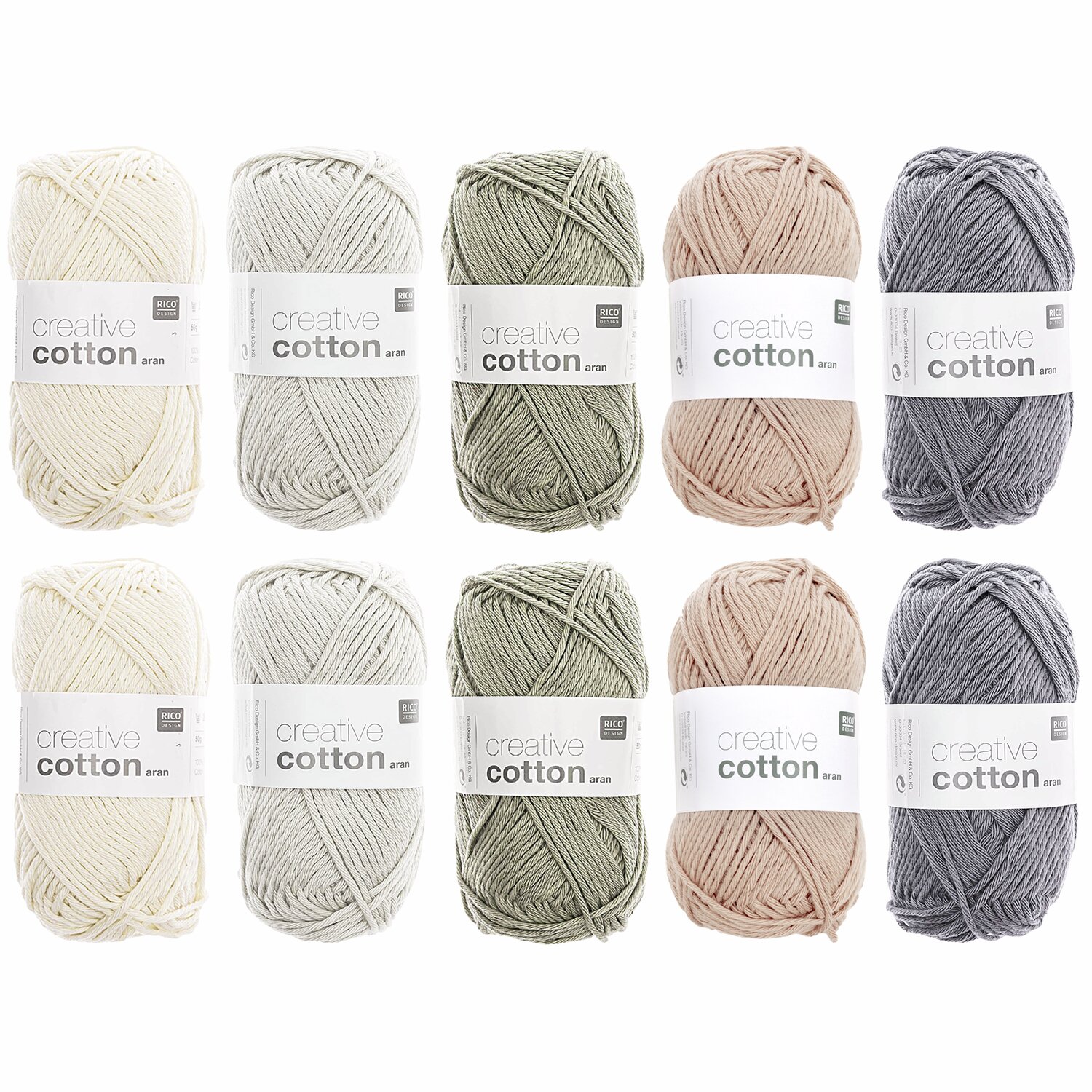 Wollpaket Creative Cotton aran Earthy Colours von Rico Design, 10x50g in natürlichen Tönen. Ideal für Strickprojekte mit weicher Textur.