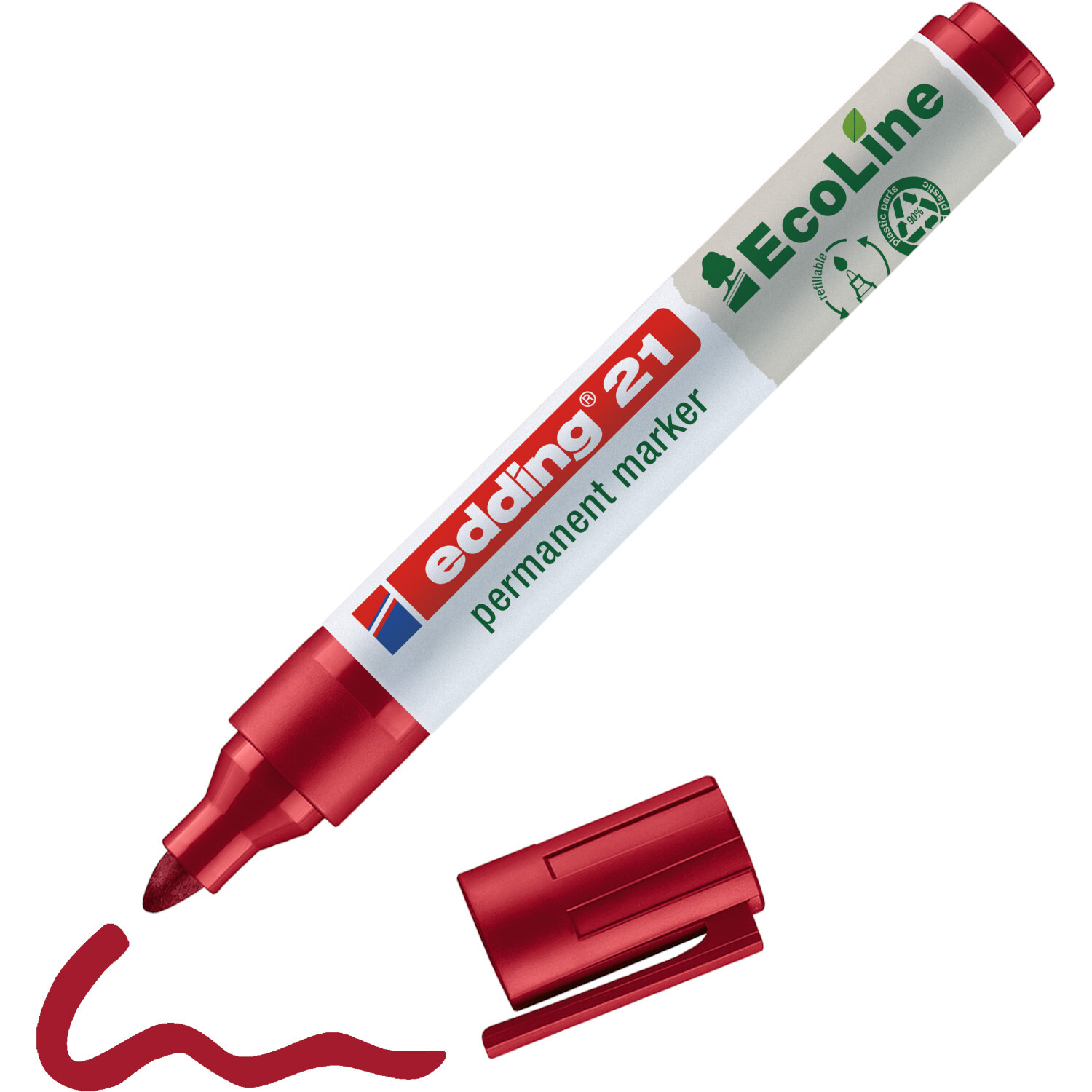 21 EcoLine Permanentmarker 1,5-3mm, rot, von edding, mit abnehmbarer Kappe, ideal für umweltfreundliches Schreiben.