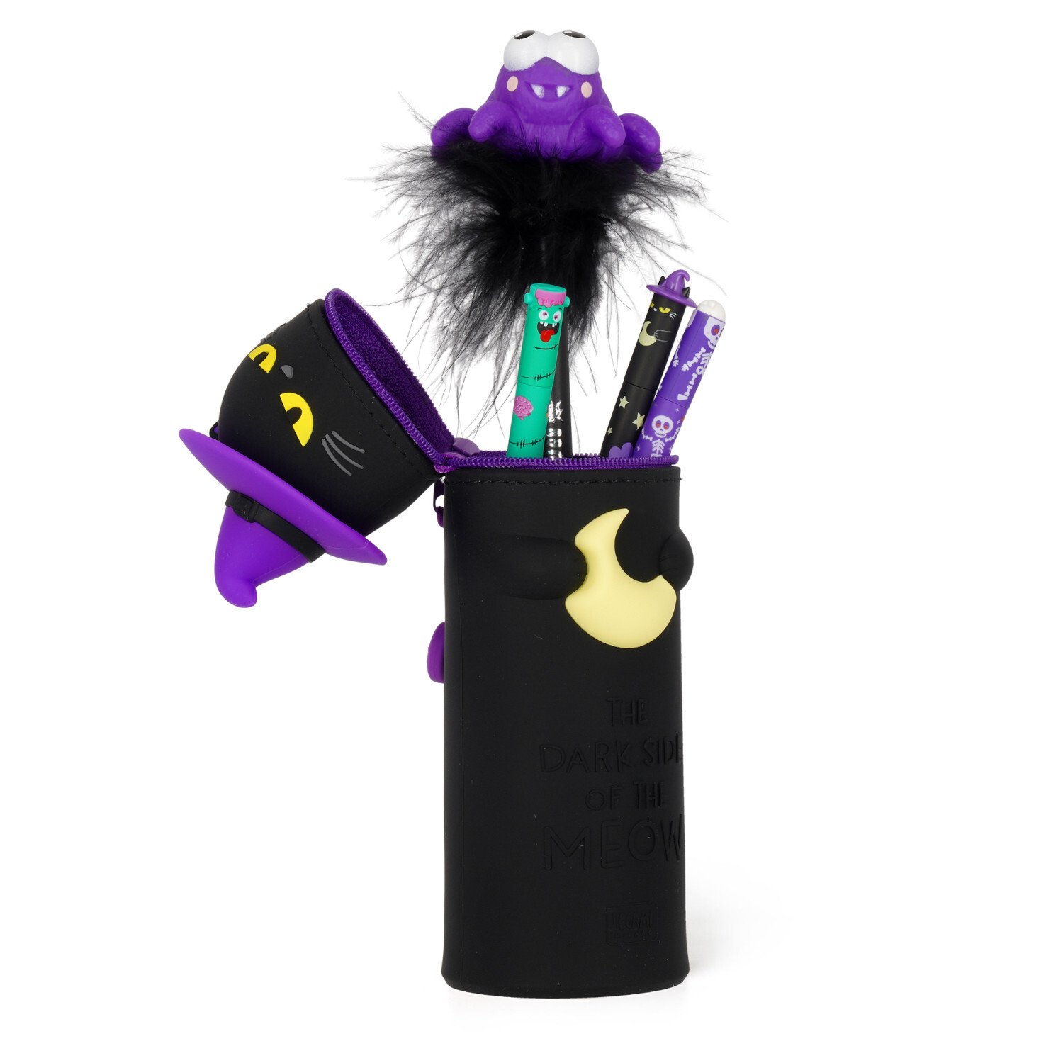 Etui Halloween, Ø6,4x20cm, schwarz mit lila Details, enthält Stifte und hat ein lustiges Design.