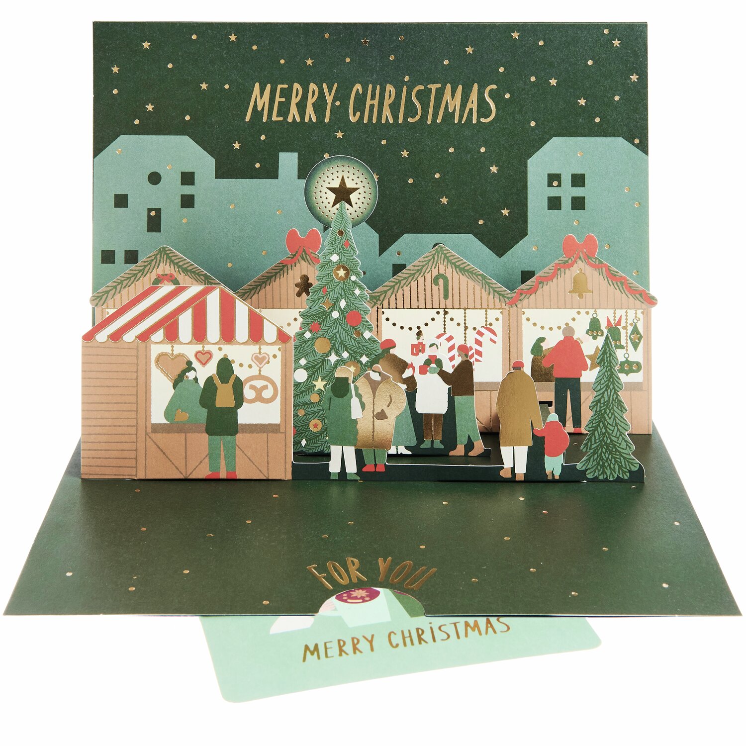 Pop-Up Karte Weihnachtsmarkt für Geldgeschenke A5 von Rico Design Pop-Up Karte Weihnachtsmarkt für Geldgeschenke zeigt festliche Stände und Menschen in winterlicher Szene.