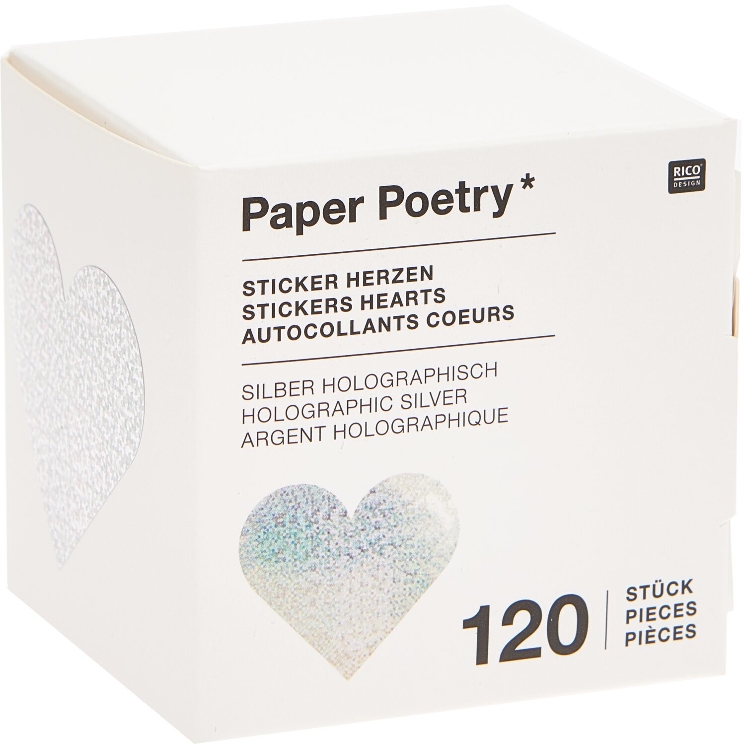 Paper Poetry Sticker Herzen, 120 Stück, silber-holographisch, auf Rolle, ideal für kreative Projekte.