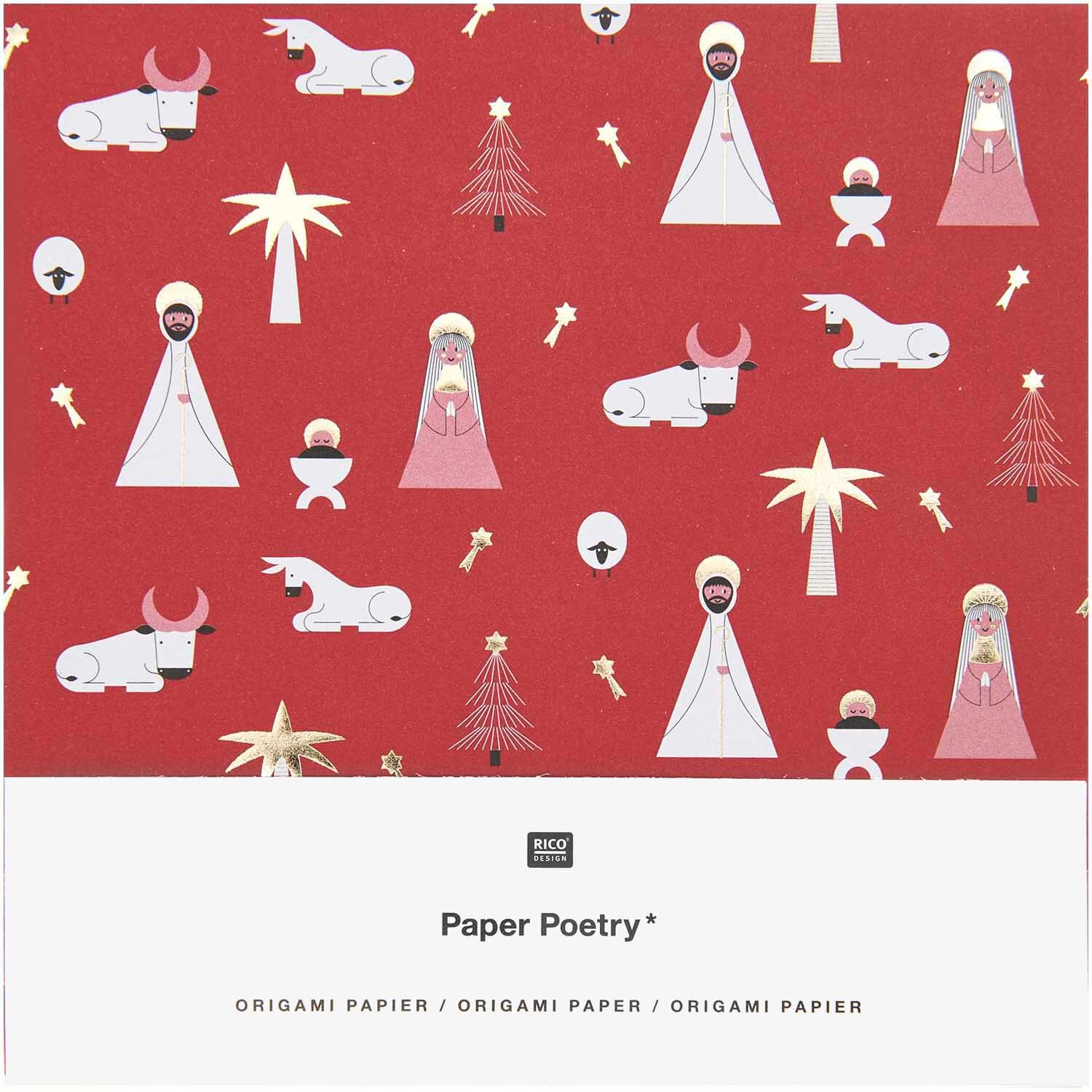 Paper Poetry Origami Christmas Rocks! mit weihnachtlichen Motiven auf rotem Hintergrund.