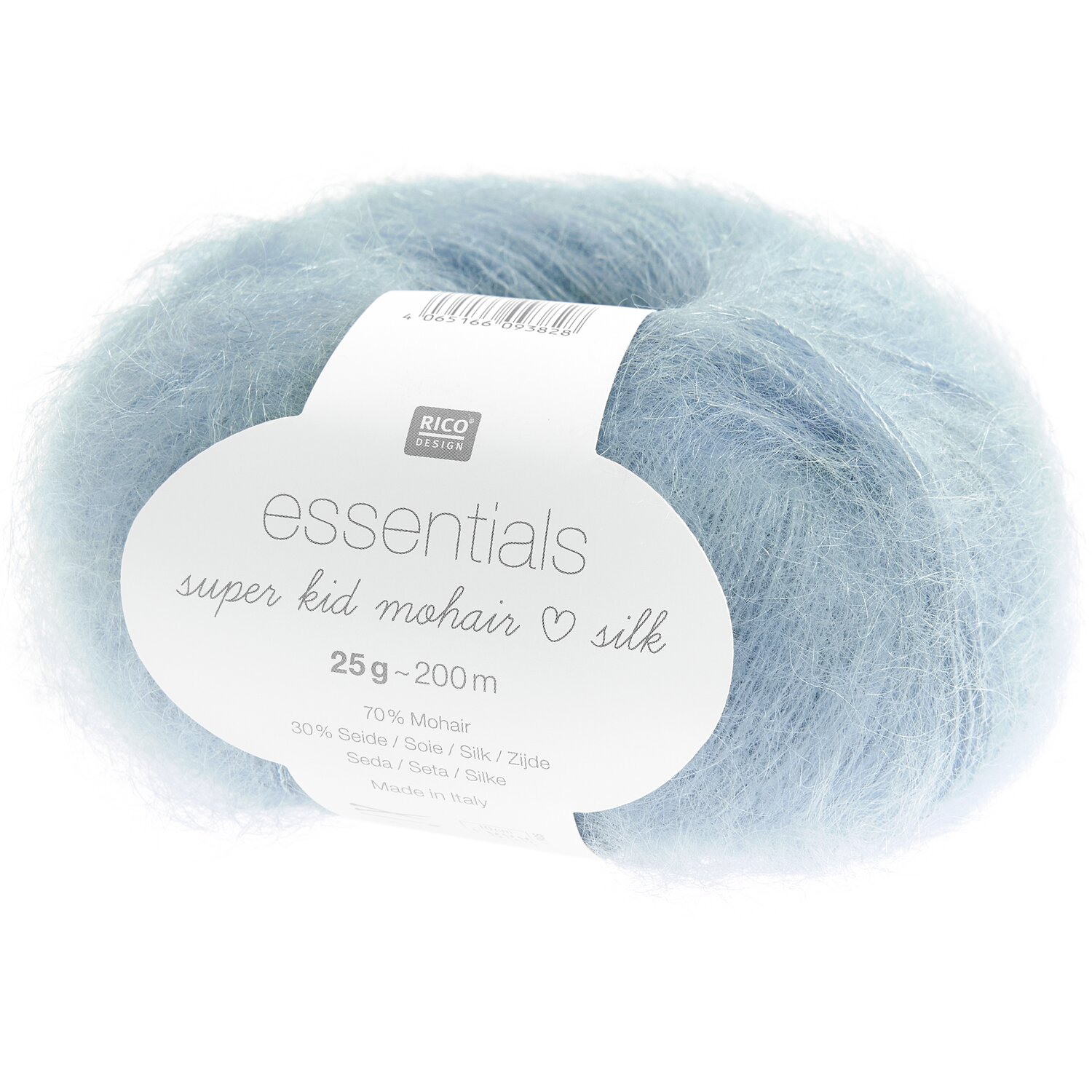 Essentials Super Kid Mohair Loves Silk in sanftem Blau, 25g, 200m, von Rico Design, ideal für feine Strickprojekte.