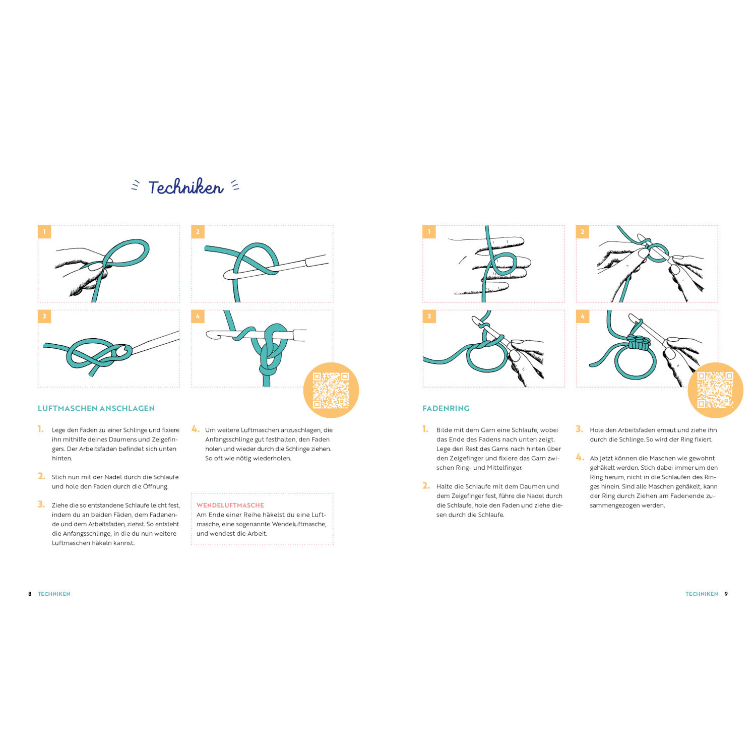 Happy Squishies häkeln: Anleitung für Luftmaschen und Fadenring mit blauen Garnillustrationen.