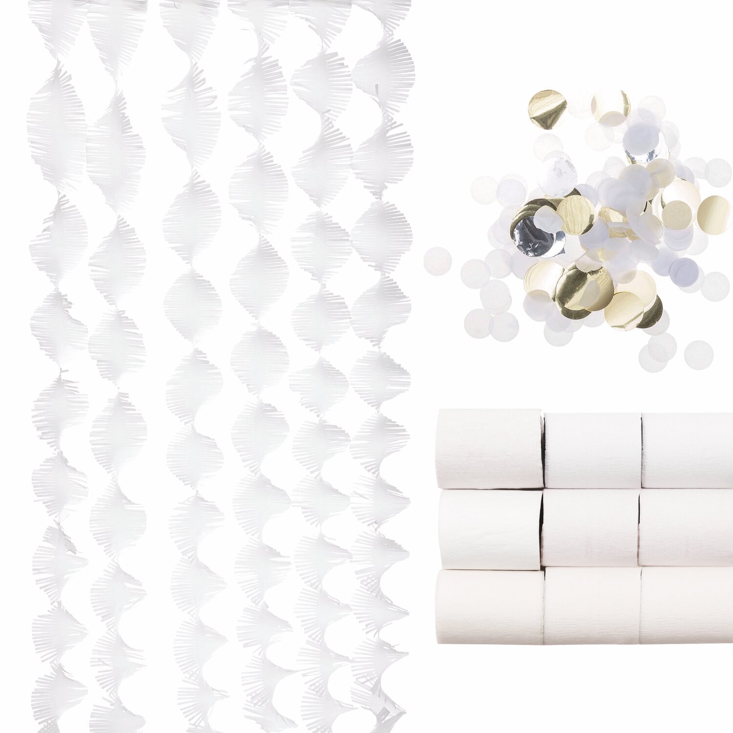 Deko-Set in Weiß von Rico Design, bestehend aus spiralförmigen Girlanden, Konfetti und Papierrollen. Ideal für festliche Anlässe und kreative Dekorationen.