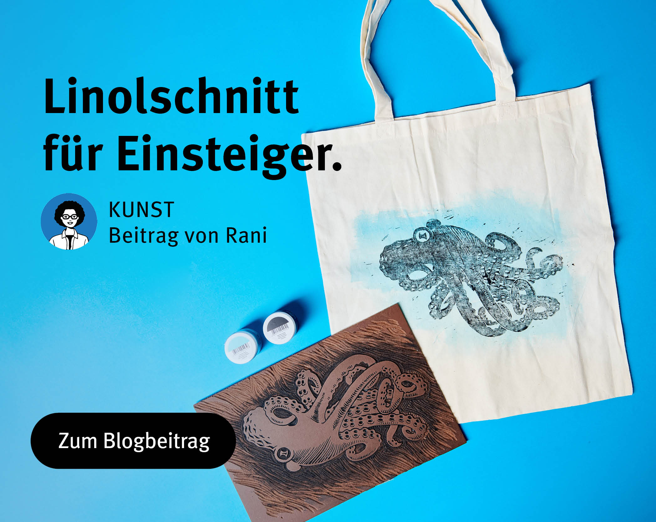 Linolscheibe mit Oktopus Motiv sowie fertig gestalteter Jutebeutel