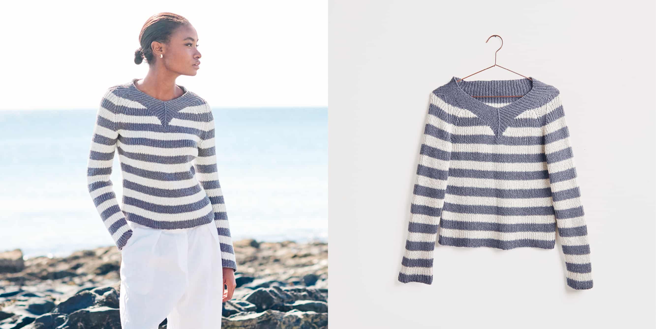 Gestrickter Pullover Modell 01b aus Lovewool No. 20 getragen am Model und auf einem Bügel