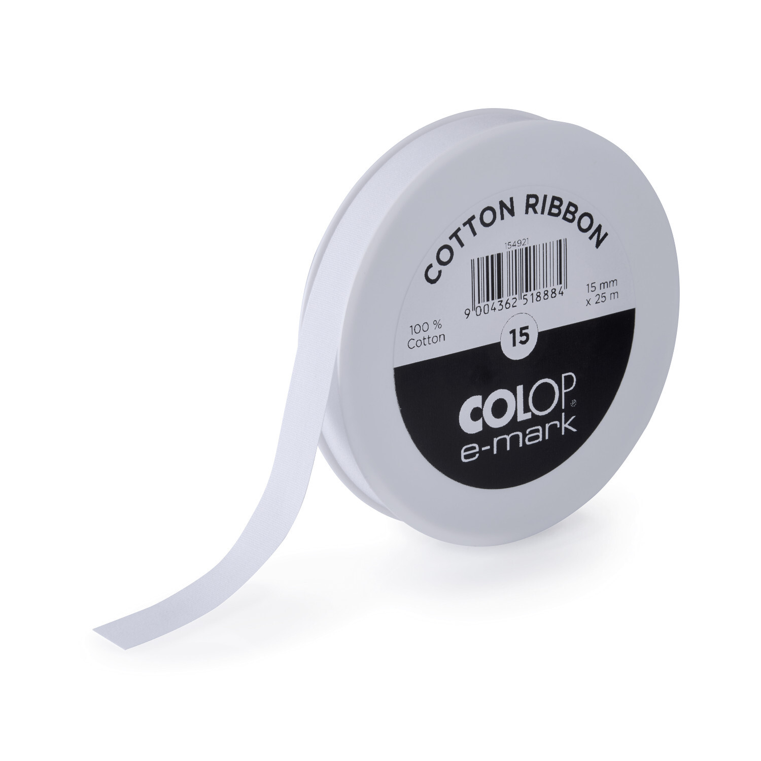 Weißes Baumwollband der Marke COLOP e-mark, 15 mm breit, auf einer Rolle. Das Bild zeigt die Vorderansicht des Produkts mit klarer Beschriftung und Barcode. Ideal für kreative Projekte.