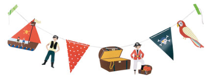 Piraten-Girlande mit unterschiedlichen Anhängern. Papier-Piratenschiff, Goldkiste, Papagei und Piraten an einer weißen Schnur aufgefädelt.