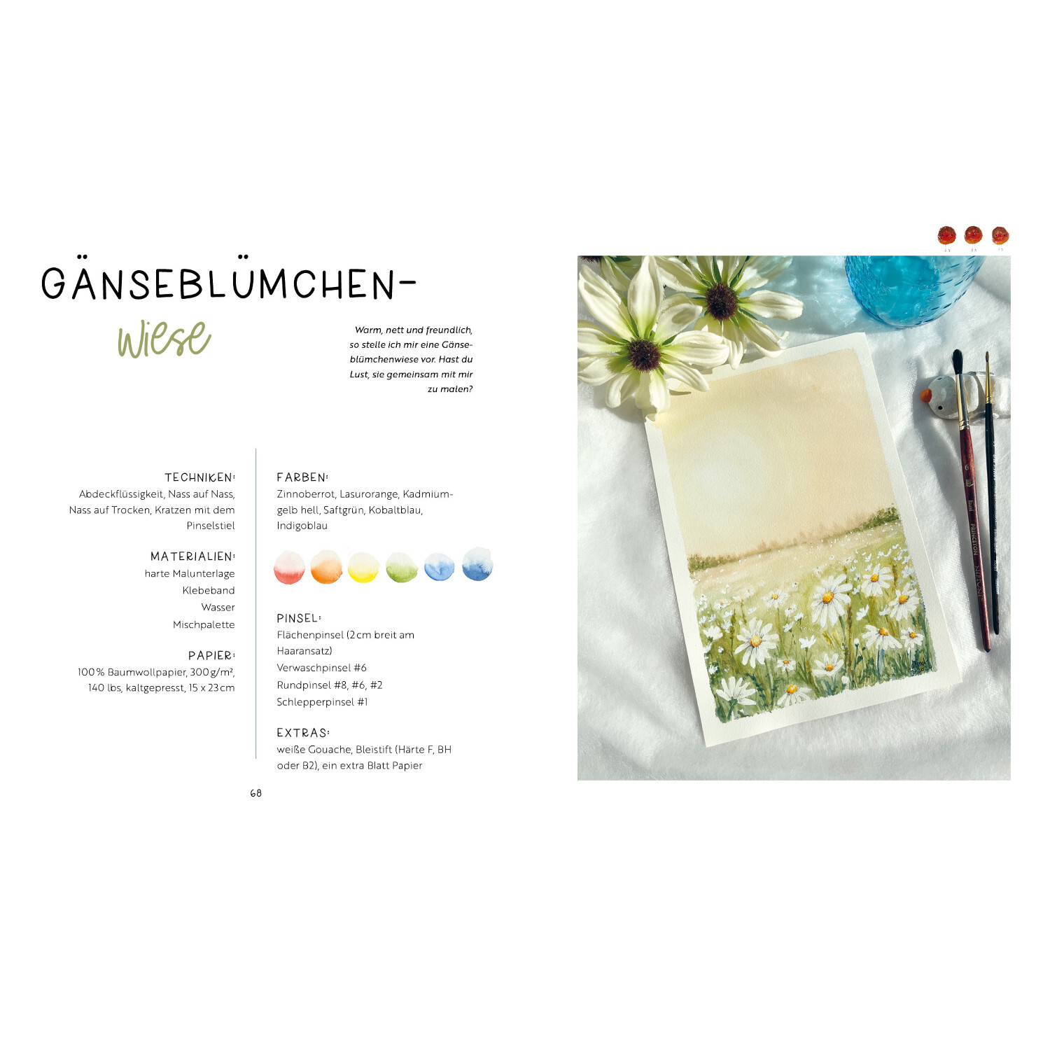 Watercolor - Nature Dreams: Aquarellbild von Gänseblümchen auf Wiese, mit Pinseln und Blumen.