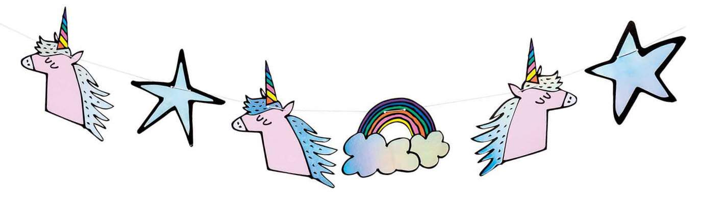 Girlande mit Regenbogen und Einhörnern. Girlande mit pinken Einhörnern, blauen Sternen und Regenbogen mit Wolken.