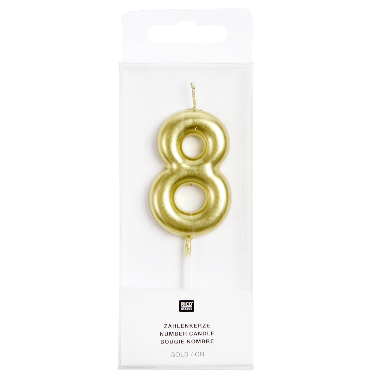 Zahlenkerze Gold, glänzende Nummernkerze in Form der Zahl 8 von Rico Design in transparenter Blisterverpackung für Geburtstage und Jubiläen