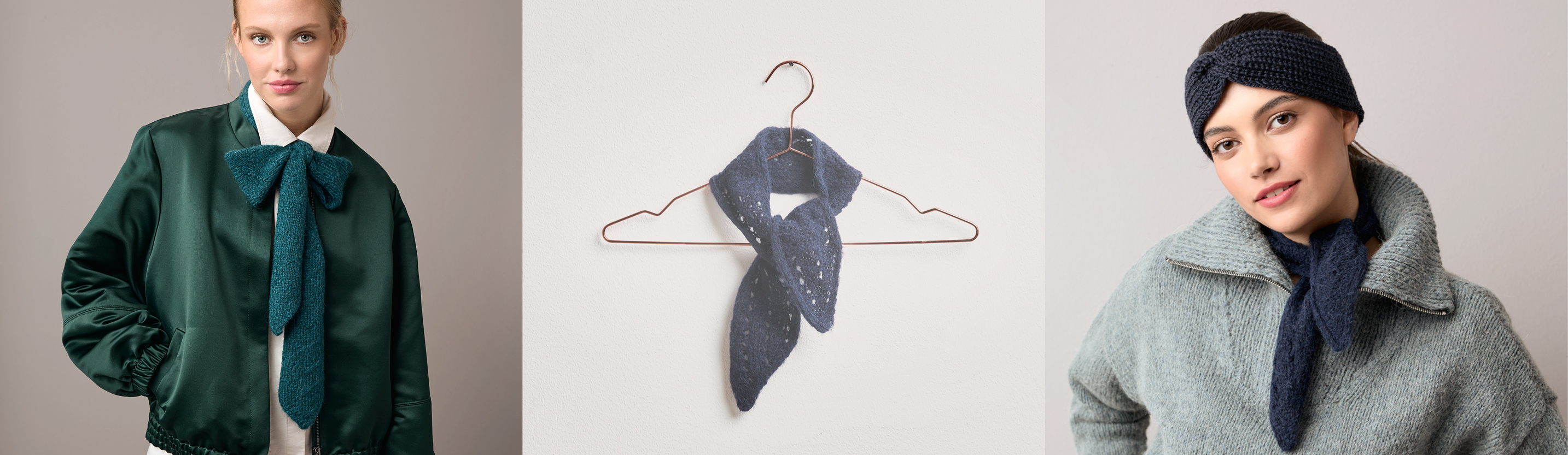 Drei Bilder nebeneinander. Eine Frau trägt ein gestricktes Tuch zur Schleife gebunden, ein gestricktes Tuch auf einem Kleiderbügel und eine Frau trägt ein gestricktes Stirnband mit Halstuch.