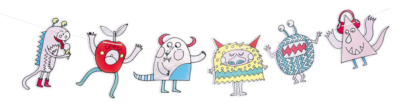 Verschiedene bunte Monster-Figuren an einer weißen Schnur aufgefädelt. Verschiedene bunte Monster-Figuren an einer weißen Schnur aufgefädelt.