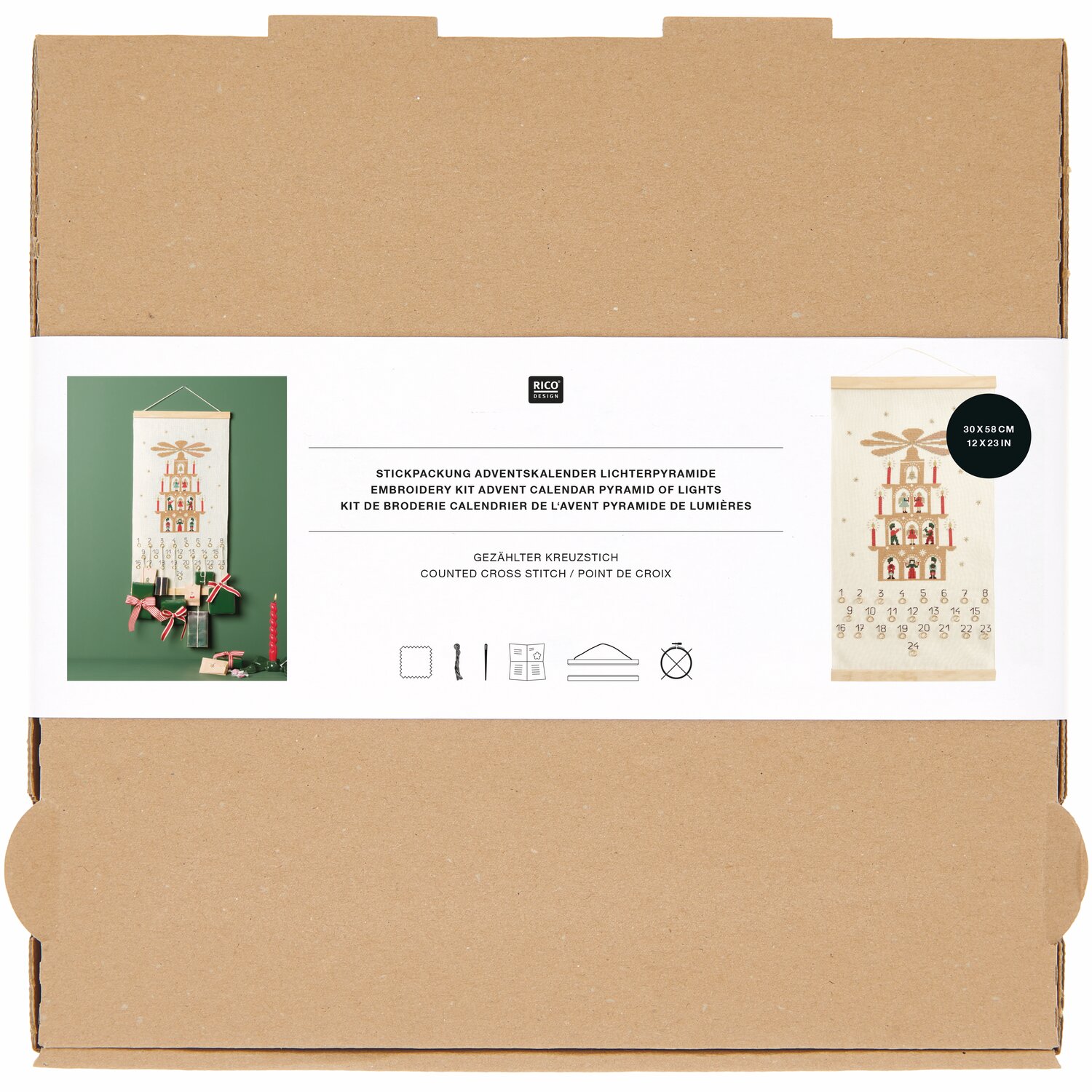 Stickpackung Adventskalender Lichterpyramide 30x56cm von Rico Design