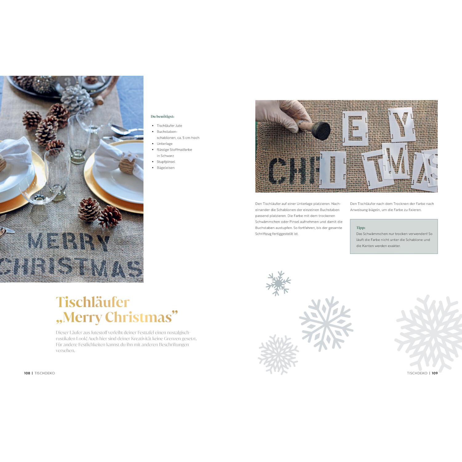 Zauberhafte Weihnachtsdeko selbstgemacht von Christophorus Verlag in der Christan Verlag Tischläufer "Merry Christmas": Festliche Deko mit Tannenzapfen und Geschirr auf Jute.