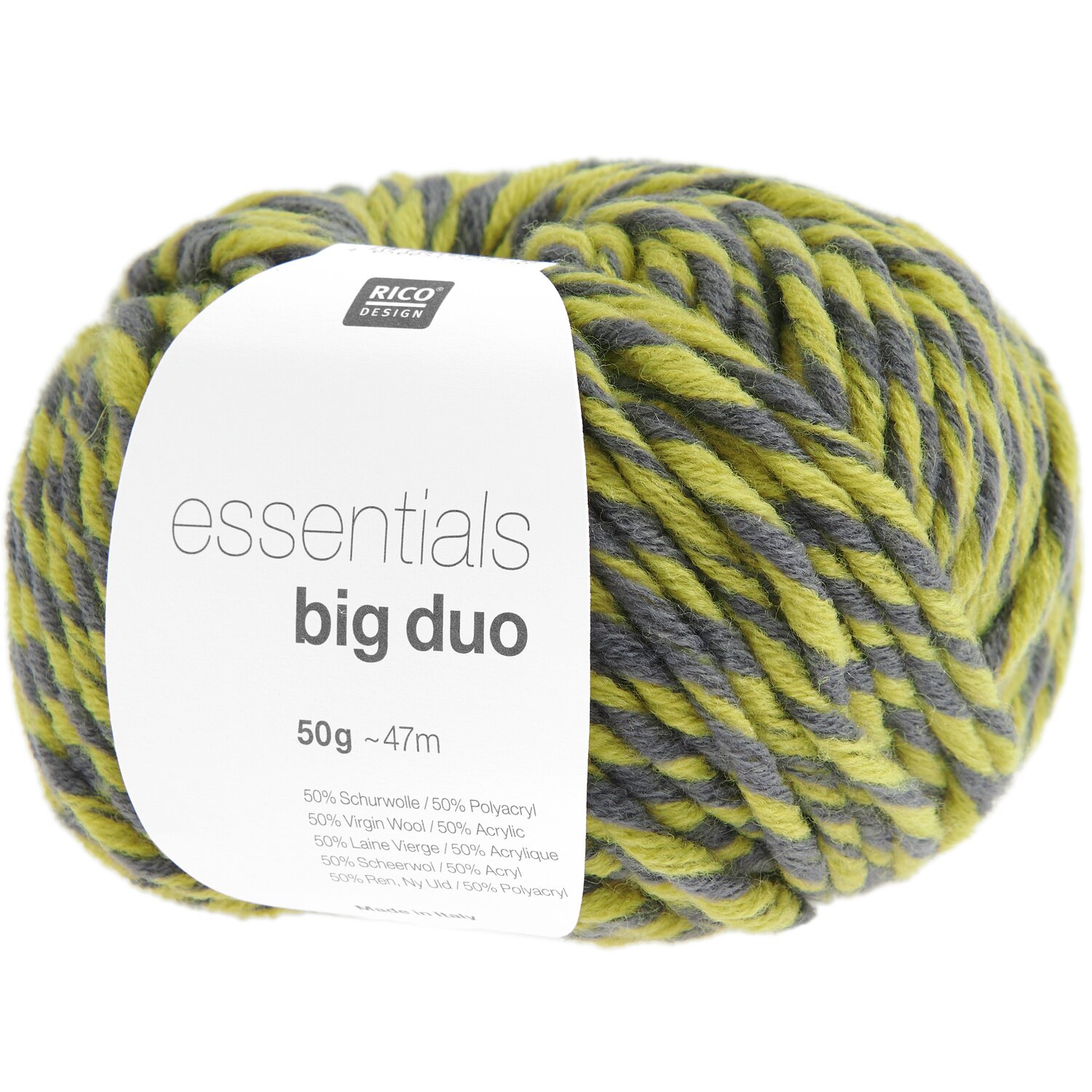 Essentials Big Duo: Weiches Garn in Grau/Pistazie von Rico Design, 50g, 47m, ideal für Strickprojekte.