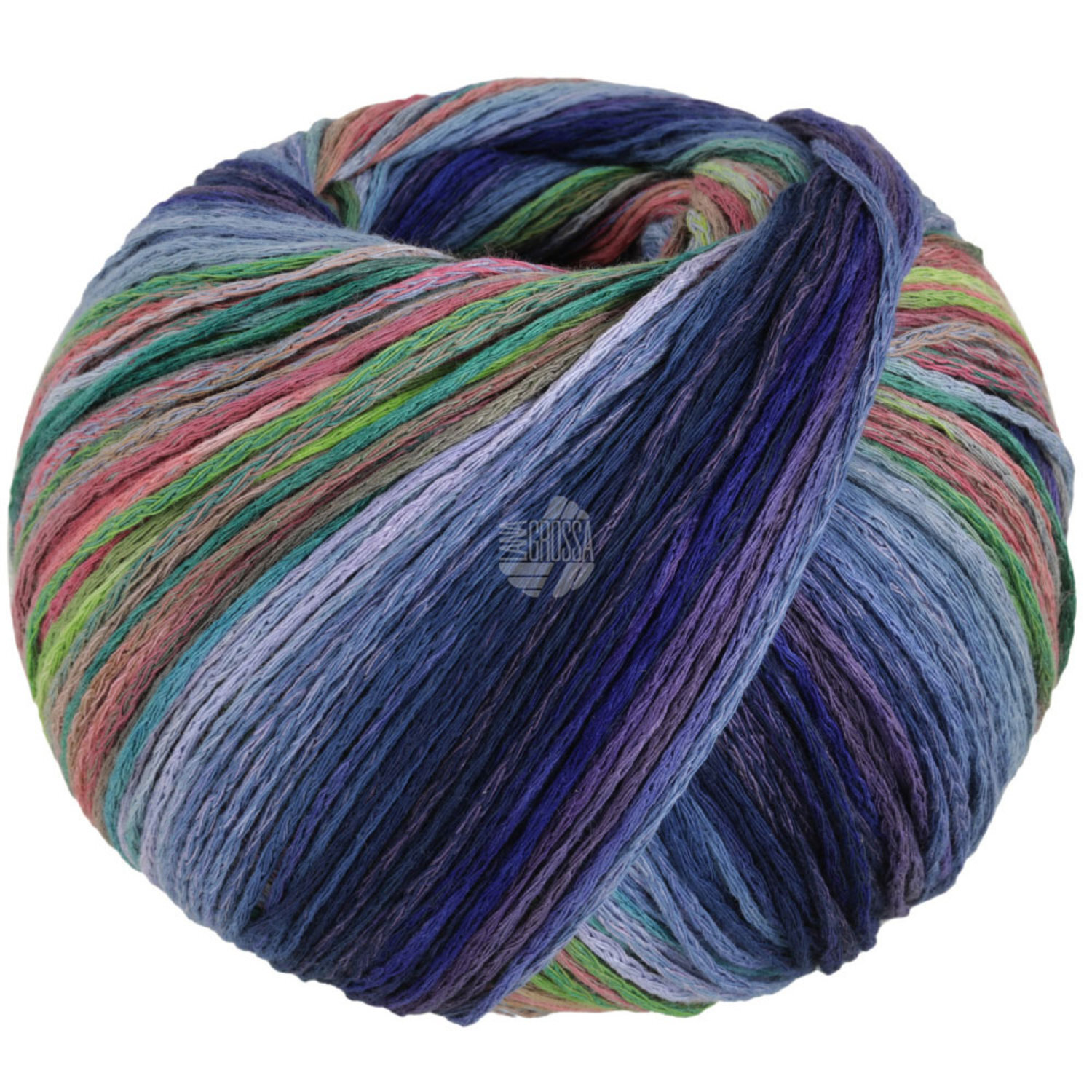 Gomitolo Arco: Bunter Wollknäuel in Erika, Dunkelgrün, Blaulila und Nachtblau von Lana Grossa.