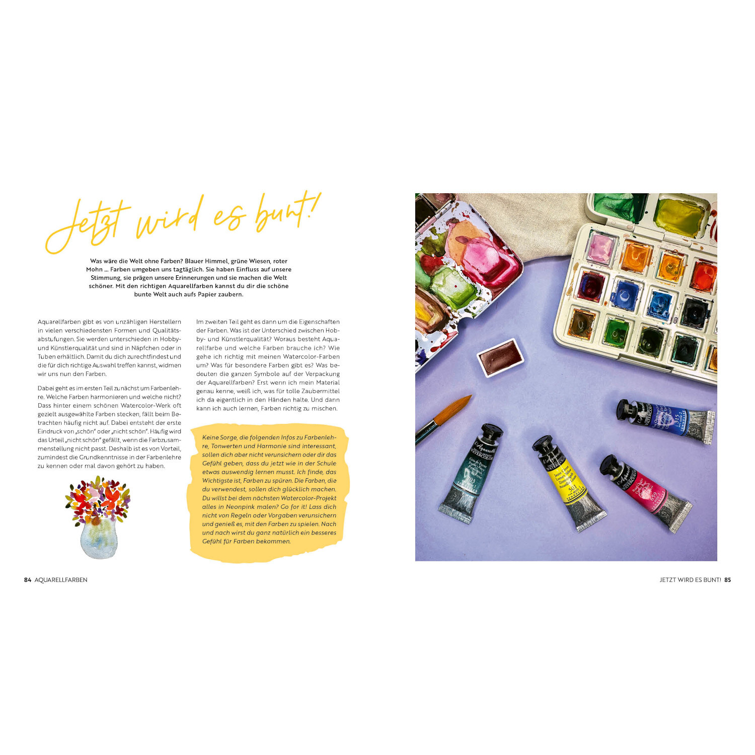 Watercolor-Bibel: Doppelseite mit bunten Aquarellfarben, Pinseln und Texten. Kreative Gestaltungsideen.