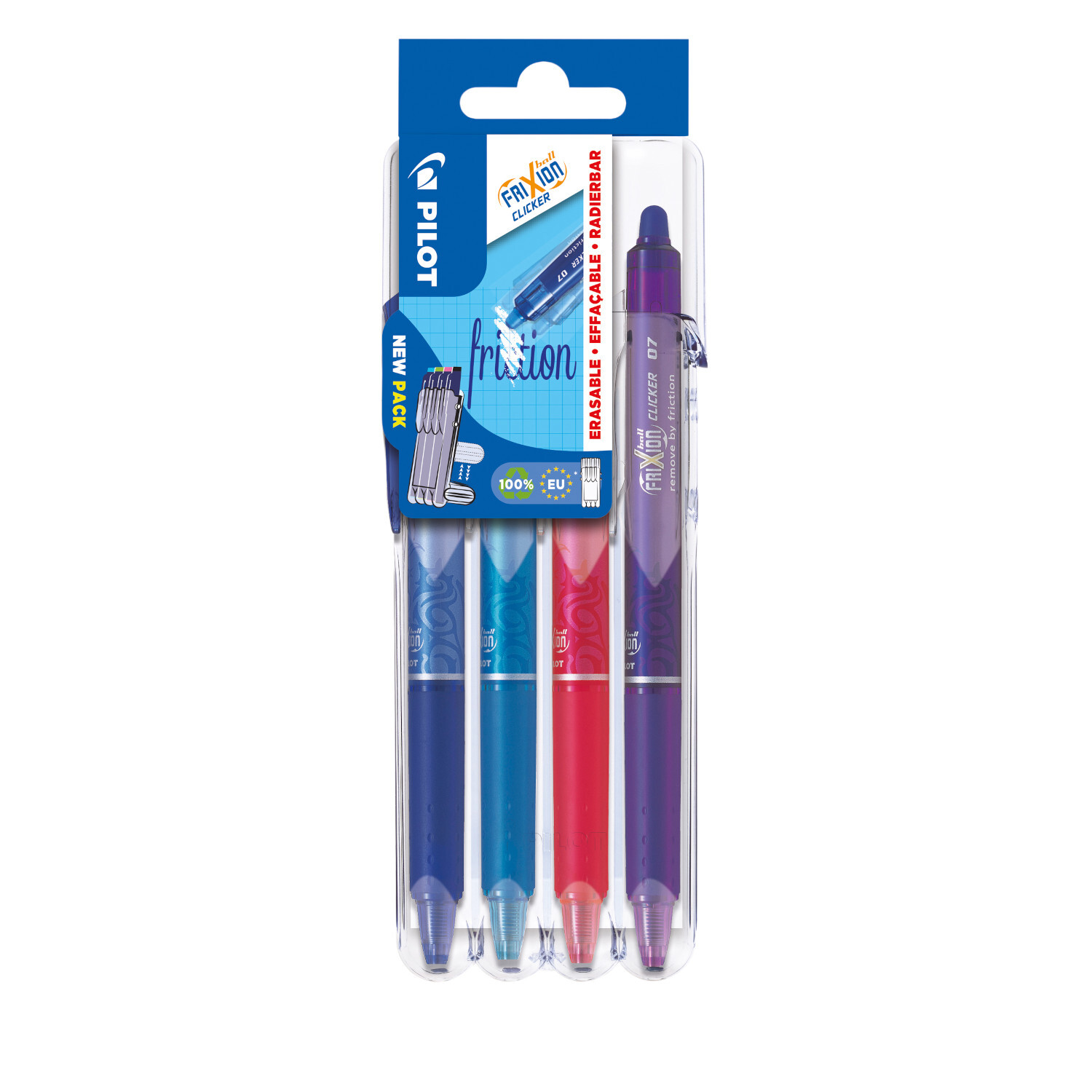 FriXion Clicker 07 Set L/LB/V/P, 4-teilig, in Blau, Rot, Lila. Radierbare Stifte von PILOT. Ideal für Schule und Büro.