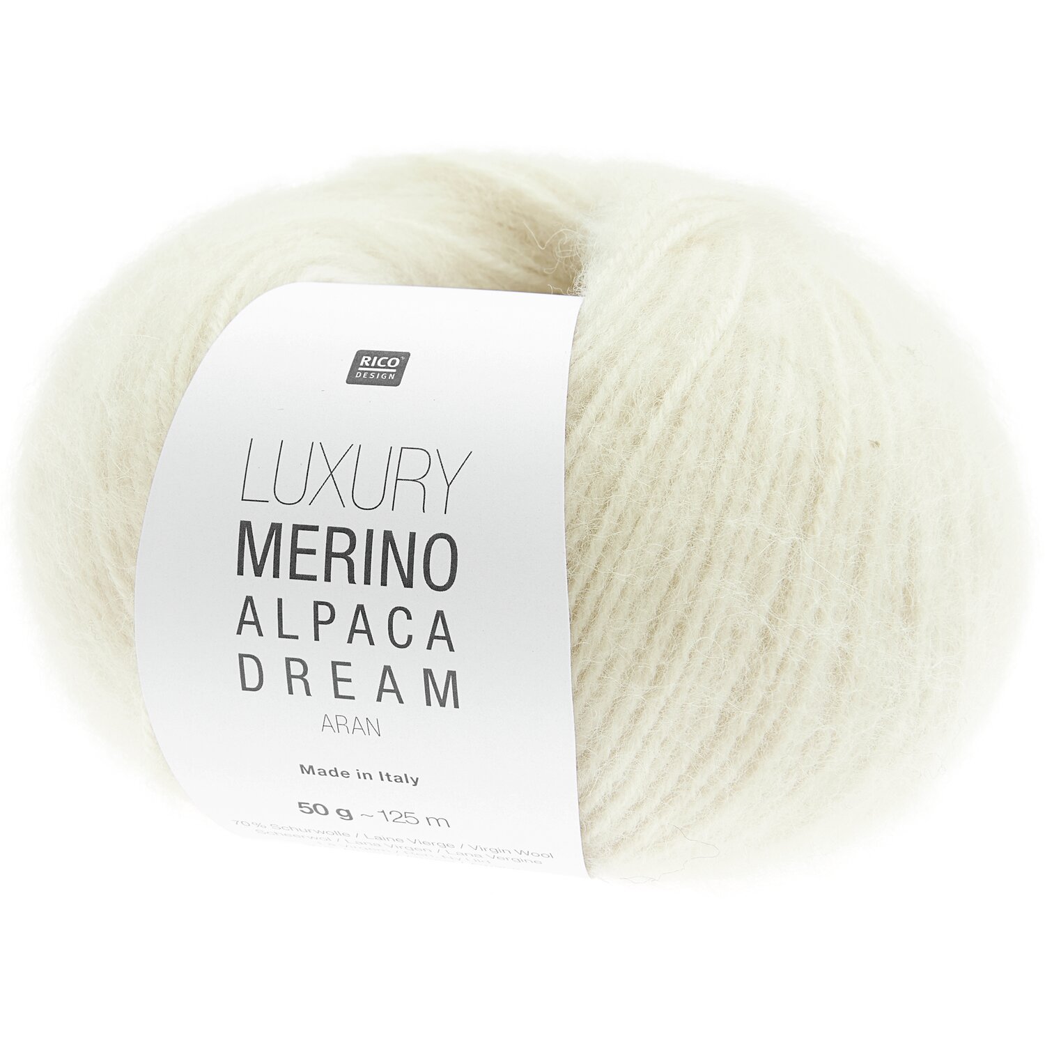 Strickset Stulpen Modell 02 aus Luxury Knits - Premium Natural Fibres von Rico Design Luxury Merino Alpaca Dream Aran Wolle in Cremeweiß, ideal für hochwertige Strickprojekte.