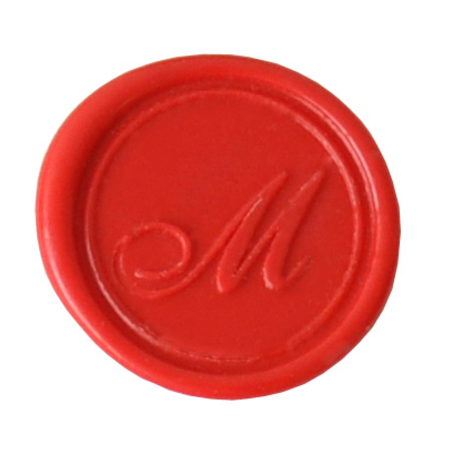 Siegelplatte Buchstabe: Rotes Wachssiegel mit elegantem "M" in der Mitte, ideal für Briefe.