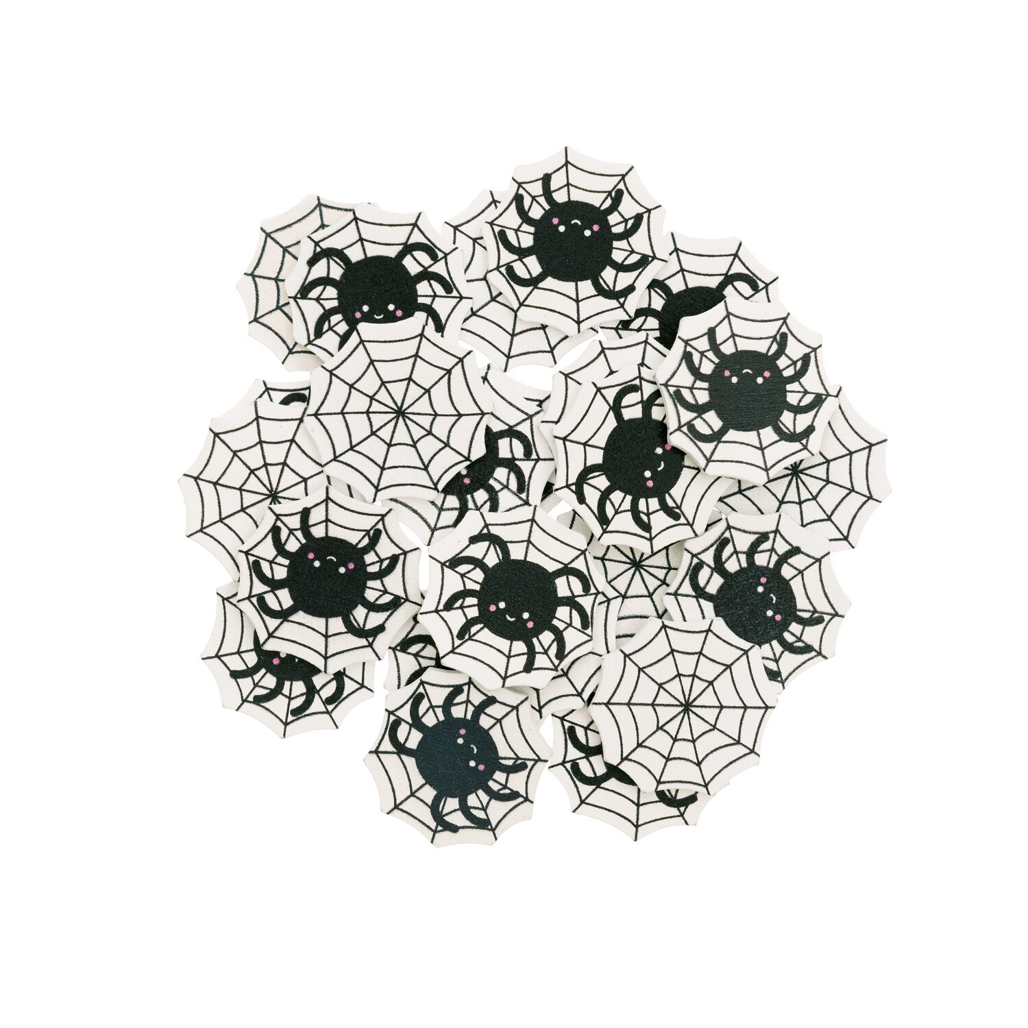 Holzstreu Spinnennetz schwarz-weiß 48 Stück zeigt dekorative Spinnennetze mit schwarzen Spinnen. Ideal für Halloween-Dekorationen.