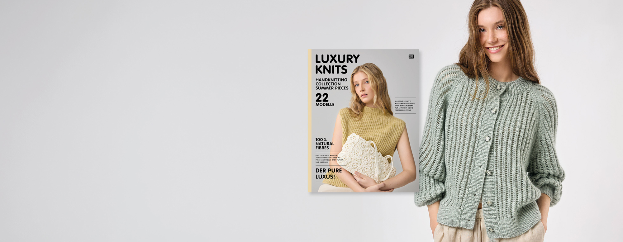 Frau mit Strickjacke abgebildet neben Titelbild der Luxy Knits Titelbild