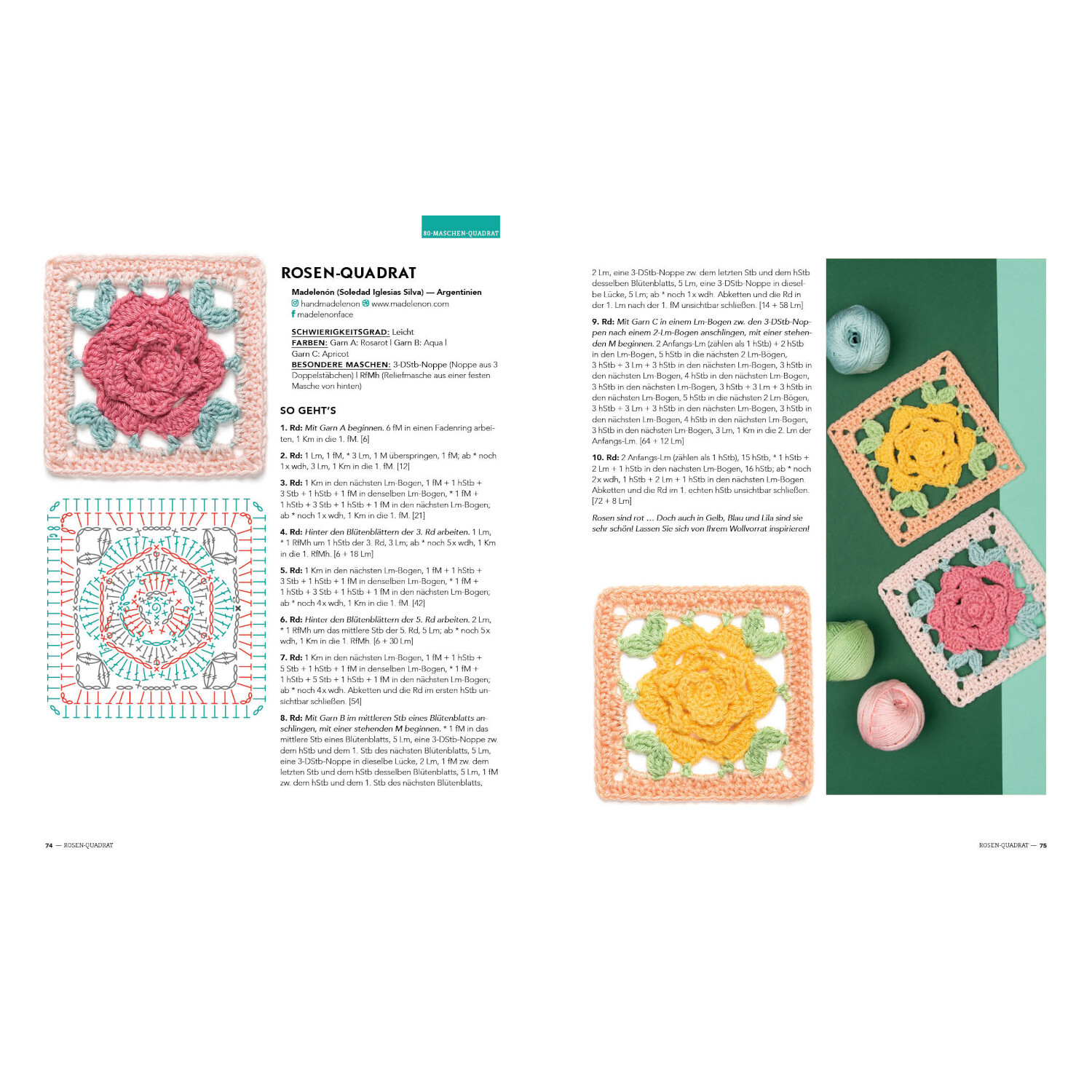Musterbibel Granny Squares von Edition Michael Fischer  Musterbibel Granny Squares: Zwei Seiten mit bunten Häkelmustern und Anleitungen von EMF.