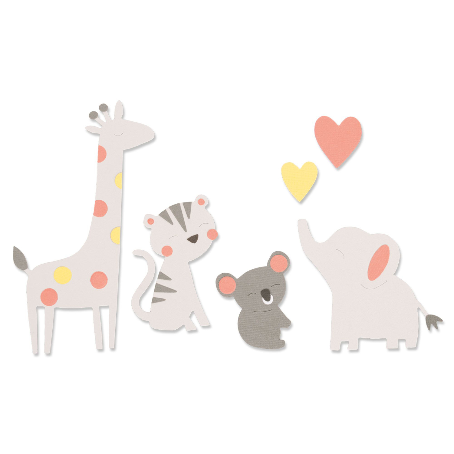 Sizzix Bigz Die Zoo Friends von Olivia Rose zeigt eine niedliche Giraffe, einen Tiger, eine Maus und einen Elefanten in Pastellfarben mit Herzen. Ideal für kreative Bastelprojekte.