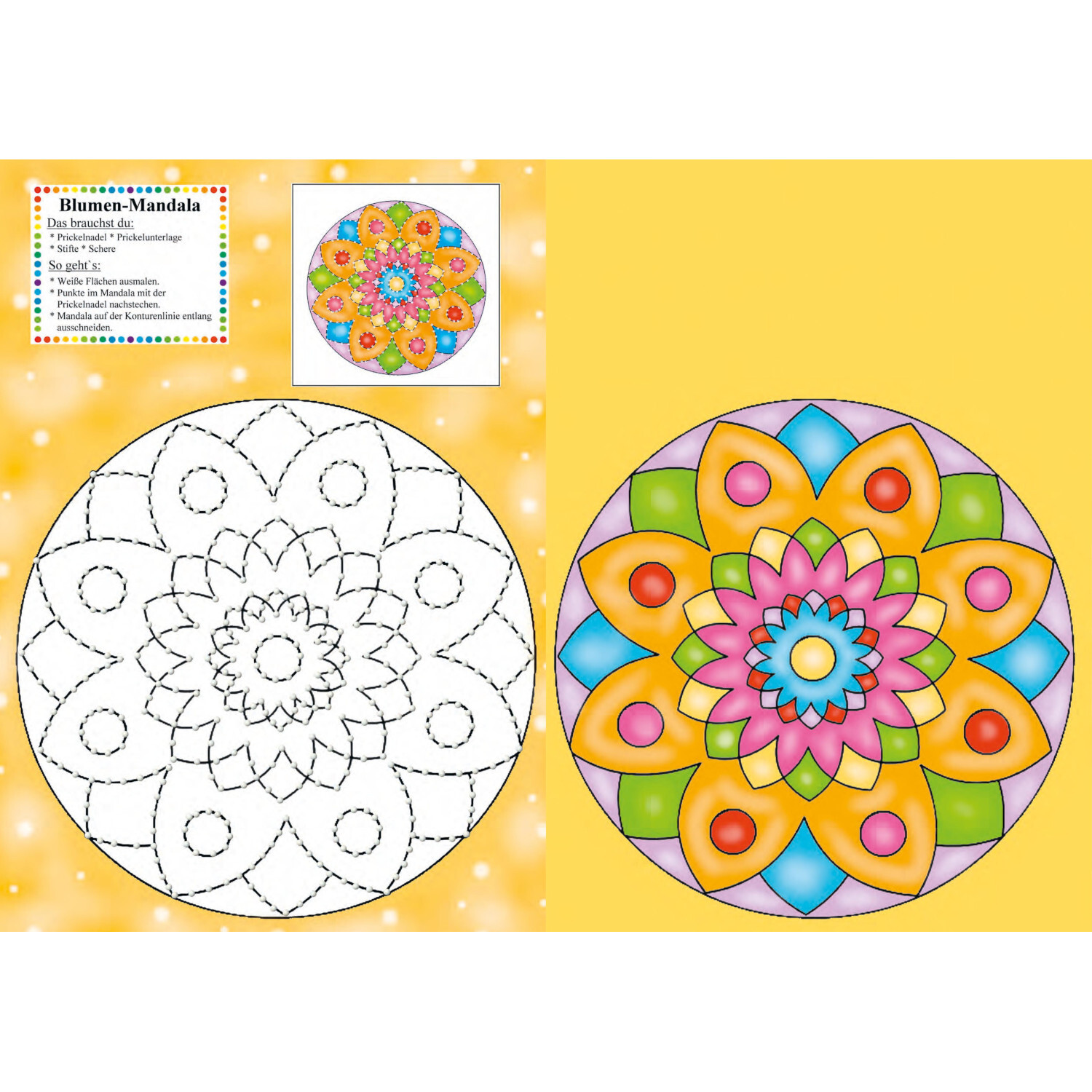 Mein Prickel-Bastelbuch zeigt ein farbenfrohes Blumen-Mandala auf orangefarbenem Hintergrund. Links ist das Mandala zum Ausmalen.