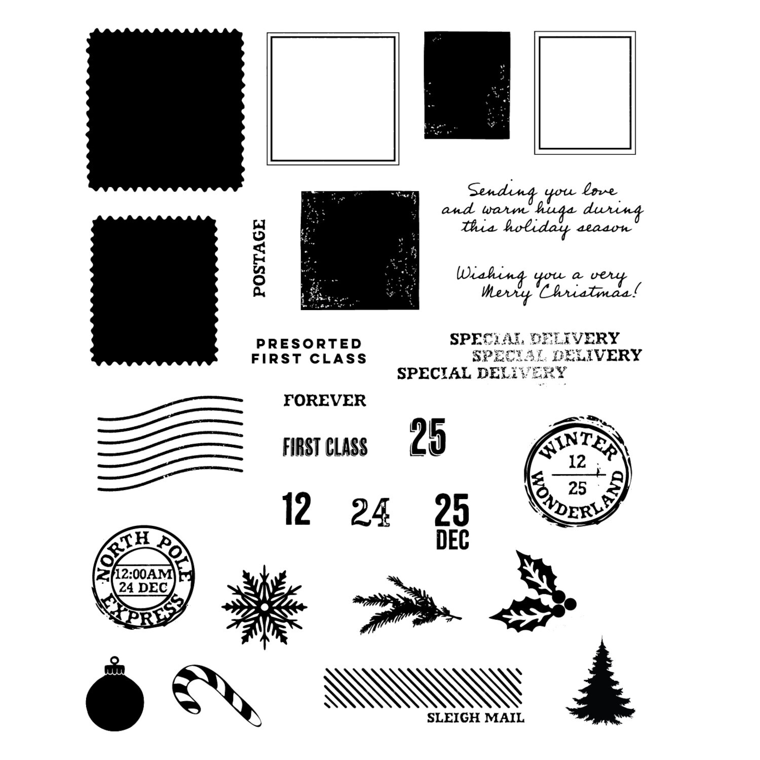 Clear Stamps / Framelits Special Delivery Briefmarken, 38-teilig, schwarz-weiß, mit weihnachtlichen Motiven und Texten für kreative Projekte.