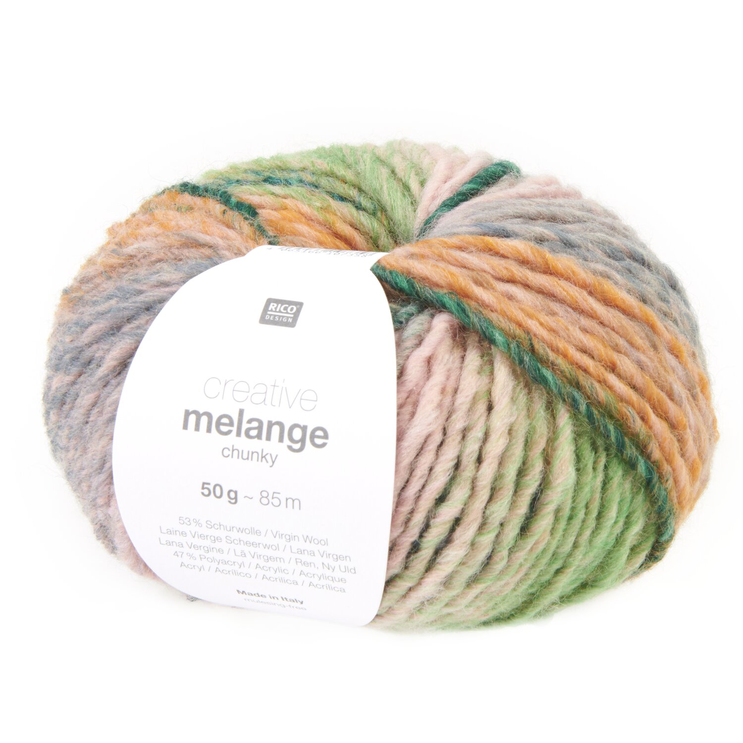 Creative Melange chunky Wolle in sanften Grün-, Orange- und Grautönen, 50g 85m, von Rico Design. Ideal für Strickprojekte.