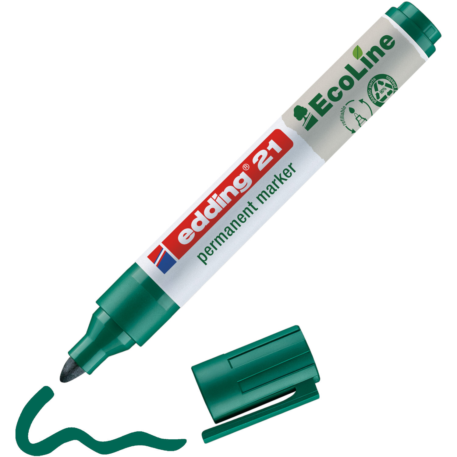 21 EcoLine Permanentmarker 1,5-3mm Farbe Grün von edding International 21 EcoLine Permanentmarker 1,5-3mm in Grün von edding, mit abnehmbarer Kappe und geschwungener Linie. Ideal für umweltfreundliches Markieren.